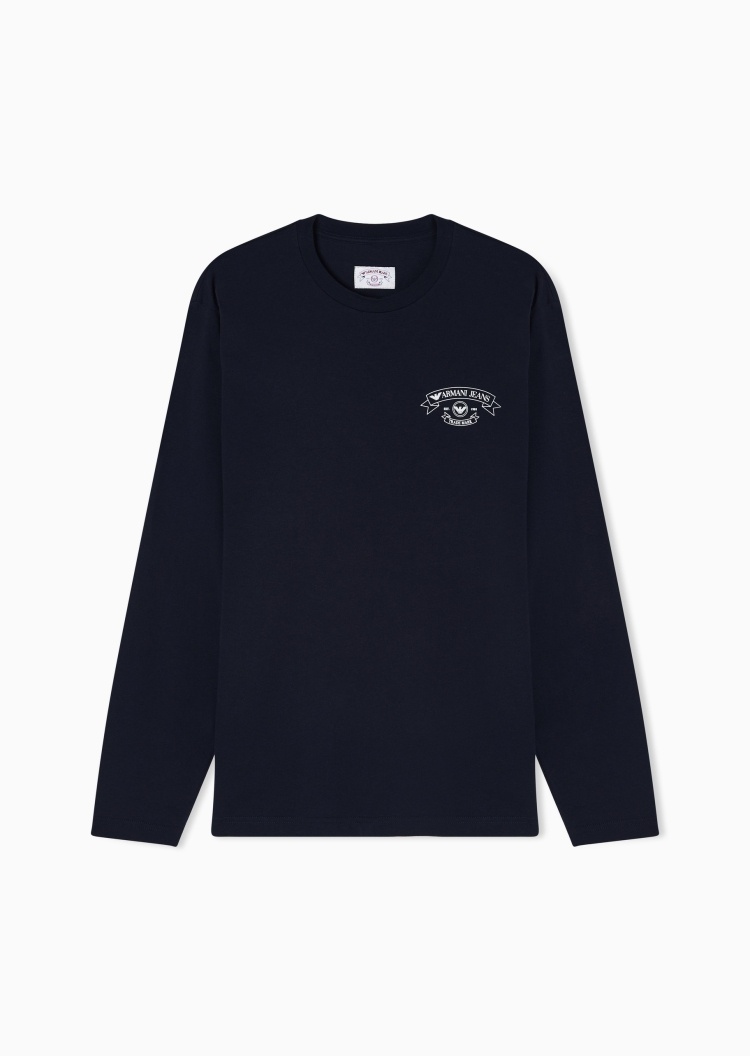 Emporio Armani 男士纯棉合身长袖圆领正肩印花T恤