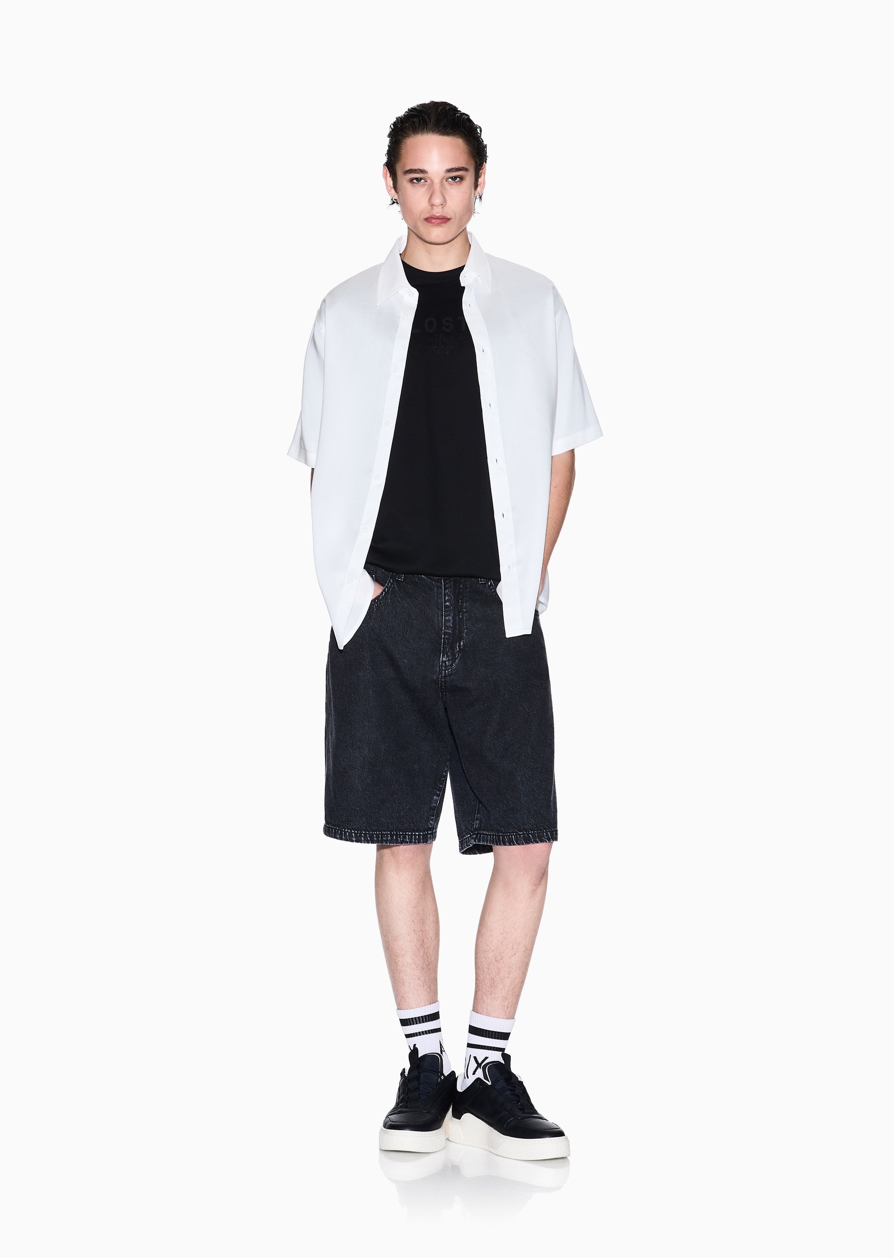 ARMANI EXCHANGE 男士莱赛尔宽松短袖翻领经典纯色衬衫