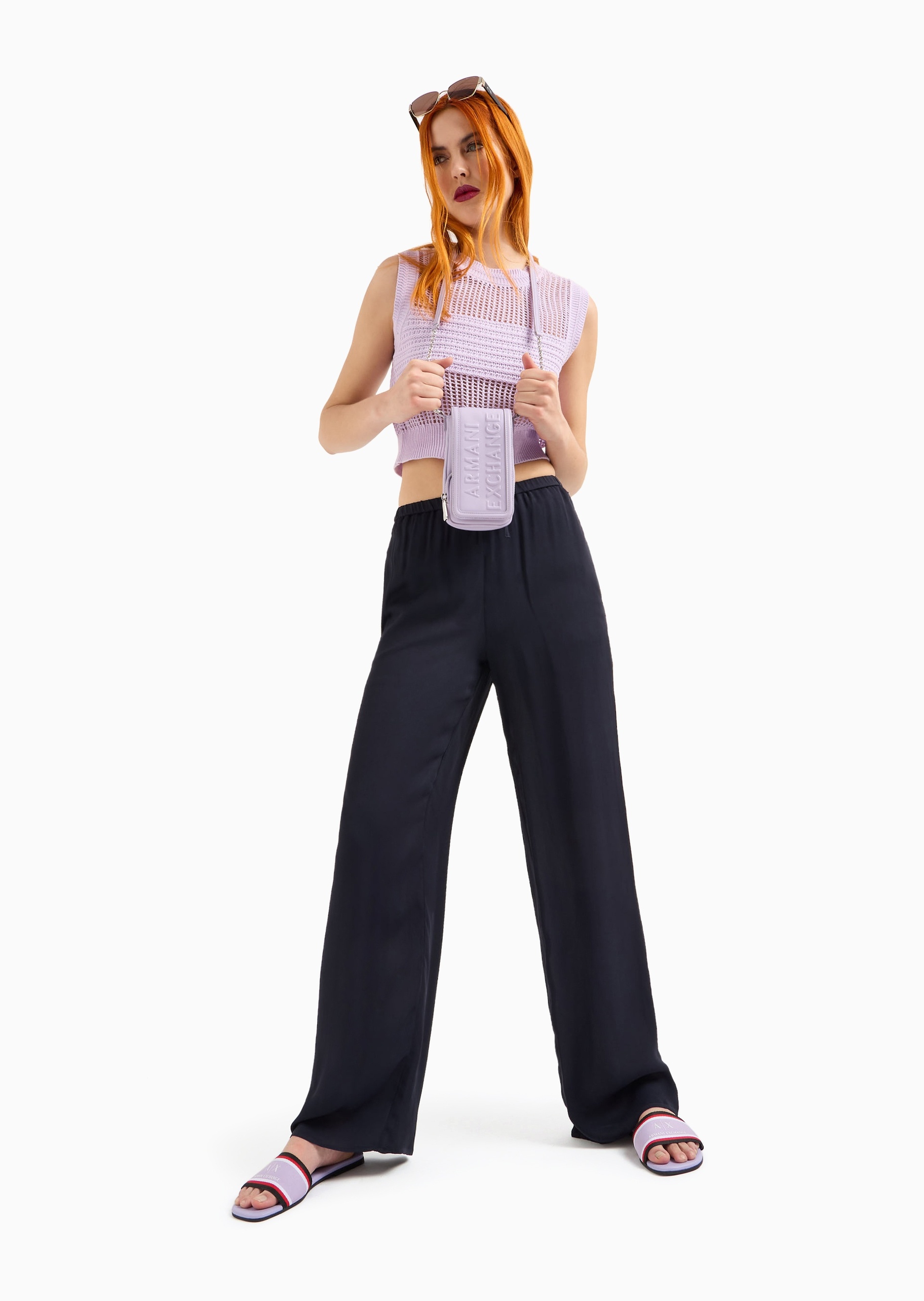ARMANI EXCHANGE 女士人造棉宽松系带腰长款直筒纯色休闲裤