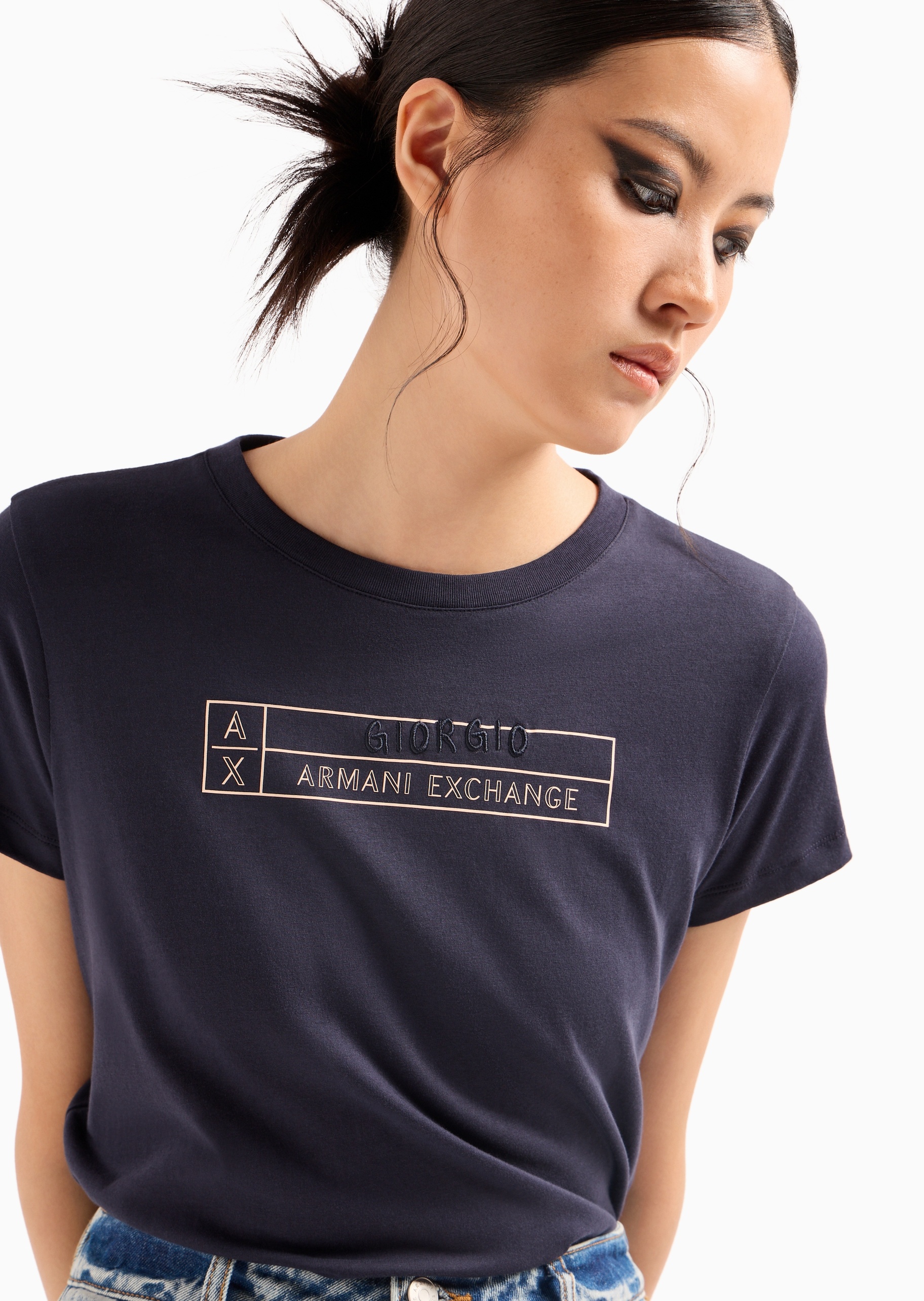 ARMANI EXCHANGE 女士全棉合身短袖圆领刺绣印花纯色T恤