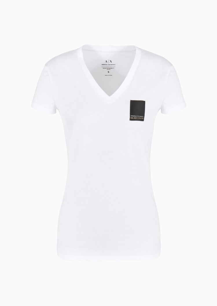 ARMANI EXCHANGE 女士全棉修身短袖V领LOGO贴标T恤