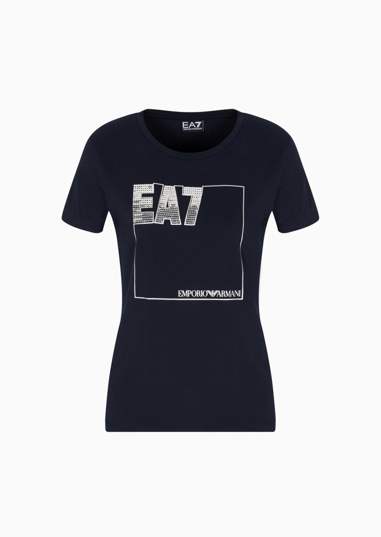EA7 女士纯棉弹力修身短袖圆领亮片字母T恤衫
