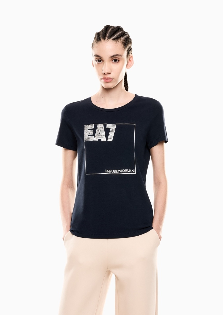 EA7 女士纯棉弹力修身短袖圆领亮片字母T恤衫