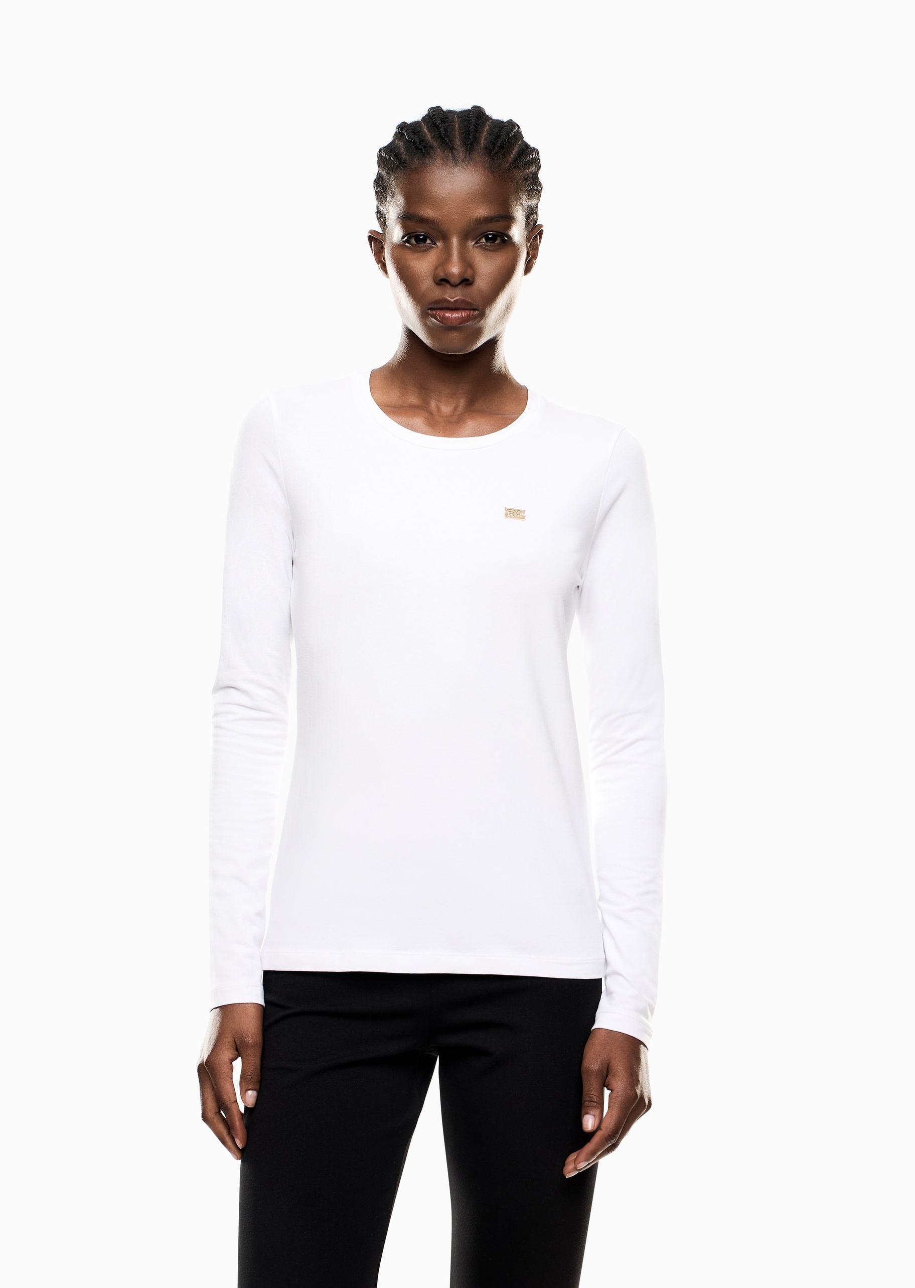 EA7 女士纯棉弹力合身长袖圆领正肩T恤衫