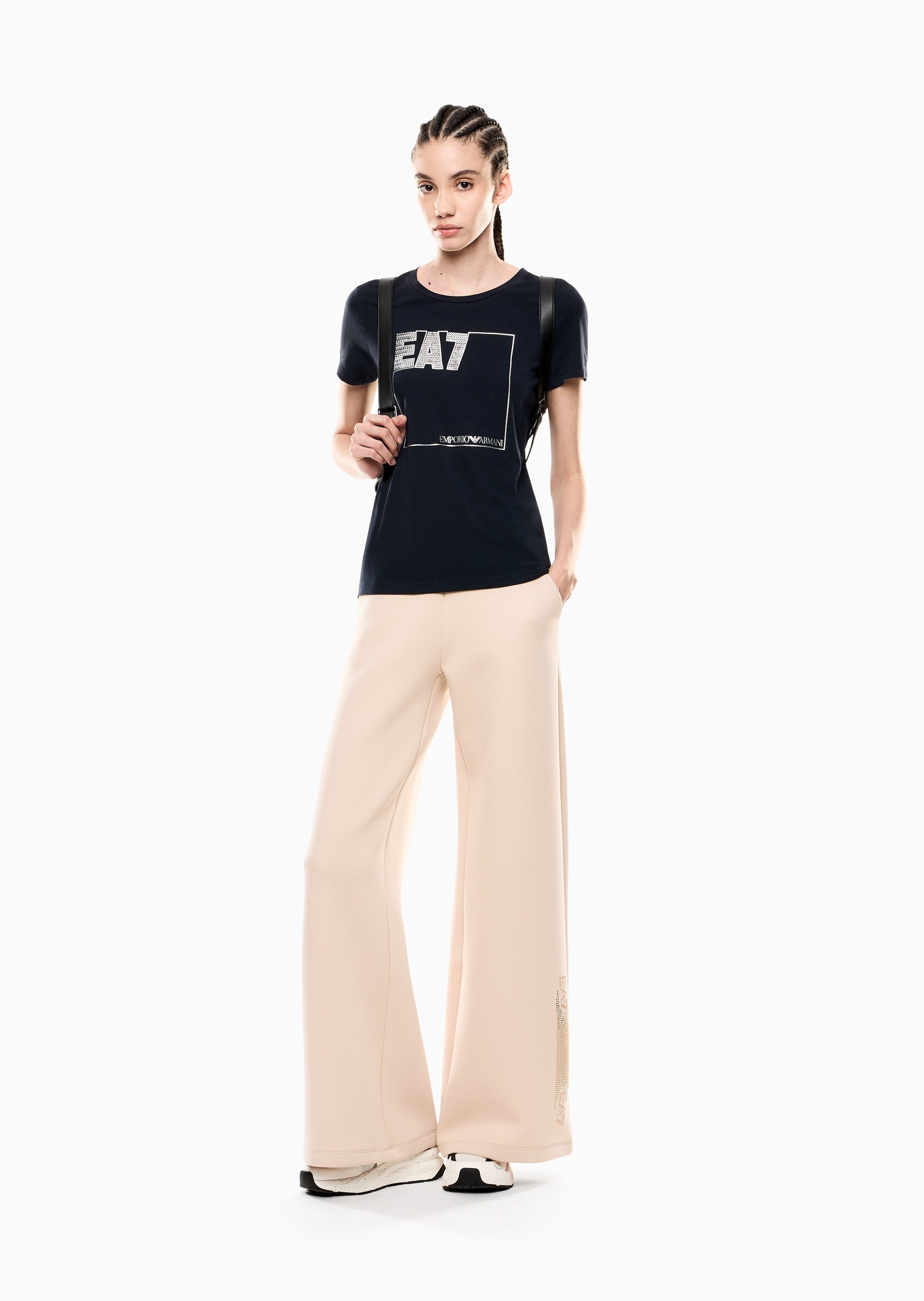 EA7 女士纯棉弹力修身短袖圆领亮片字母T恤衫