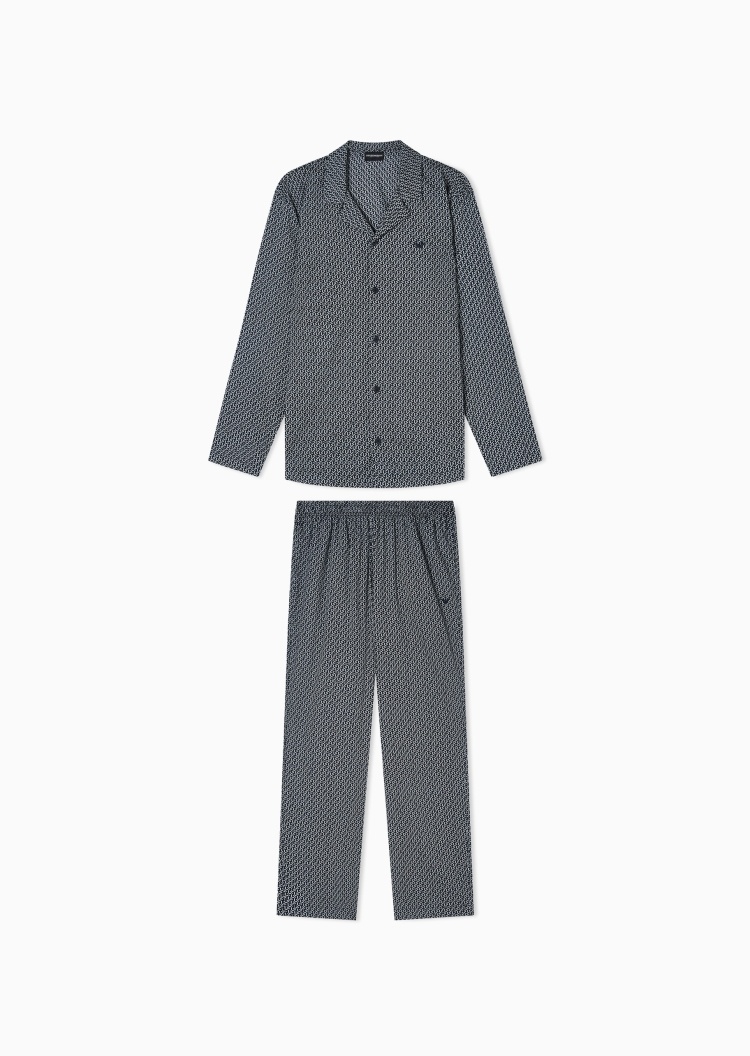 Emporio Armani 男士纯棉翻领长袖衬衫长裤满印家居睡衣套装