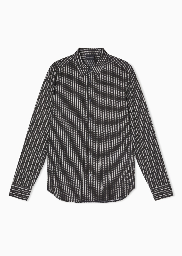 Emporio Armani 男士莱赛尔长袖翻领满印纽扣衬衫