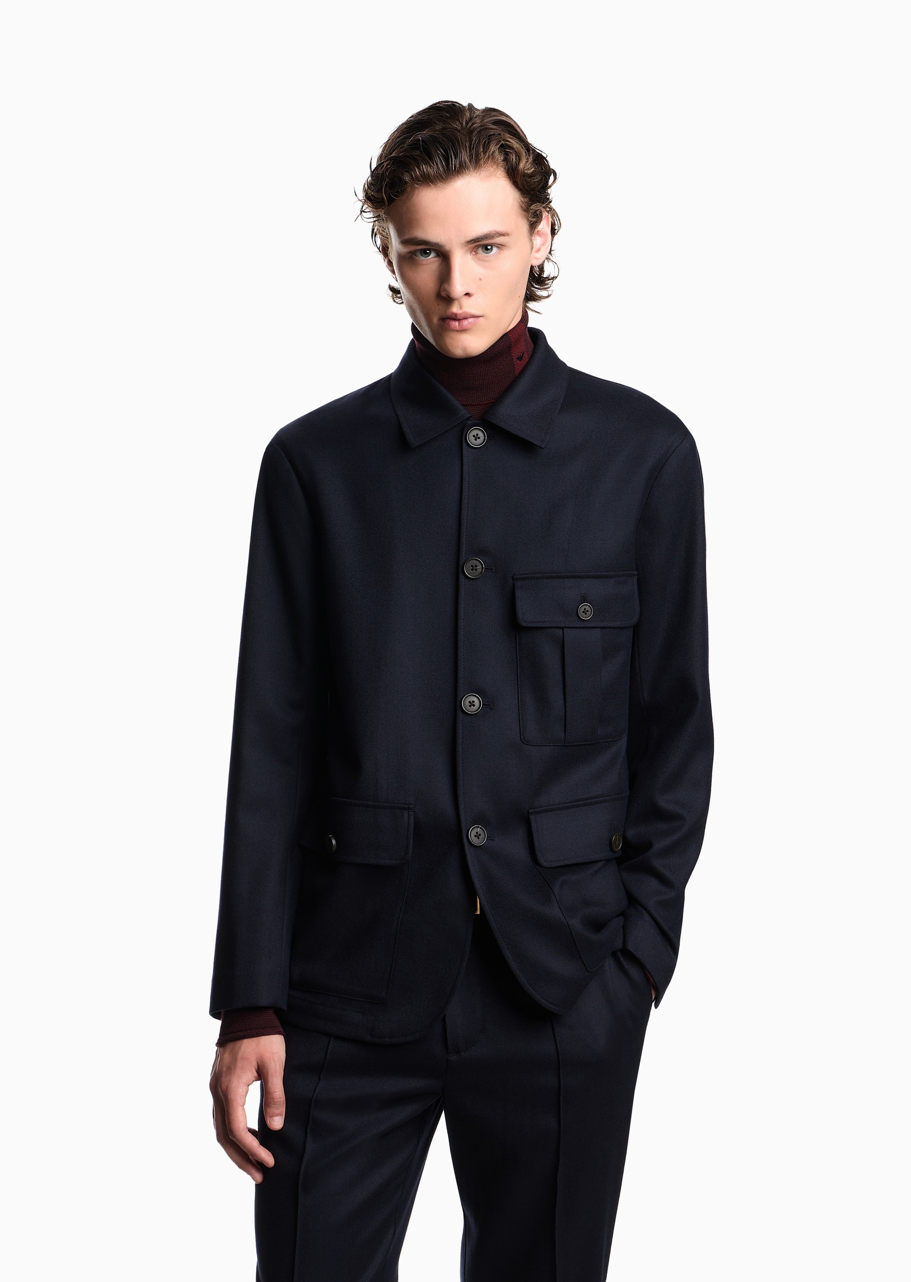 Emporio Armani 男士纯绵羊毛长袖翻领纽扣门襟夹克