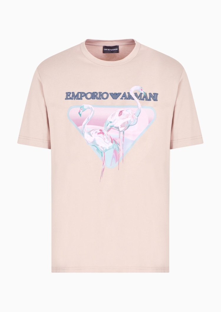 Emporio Armani 男士全棉合身短袖圆领火烈鸟印花T恤