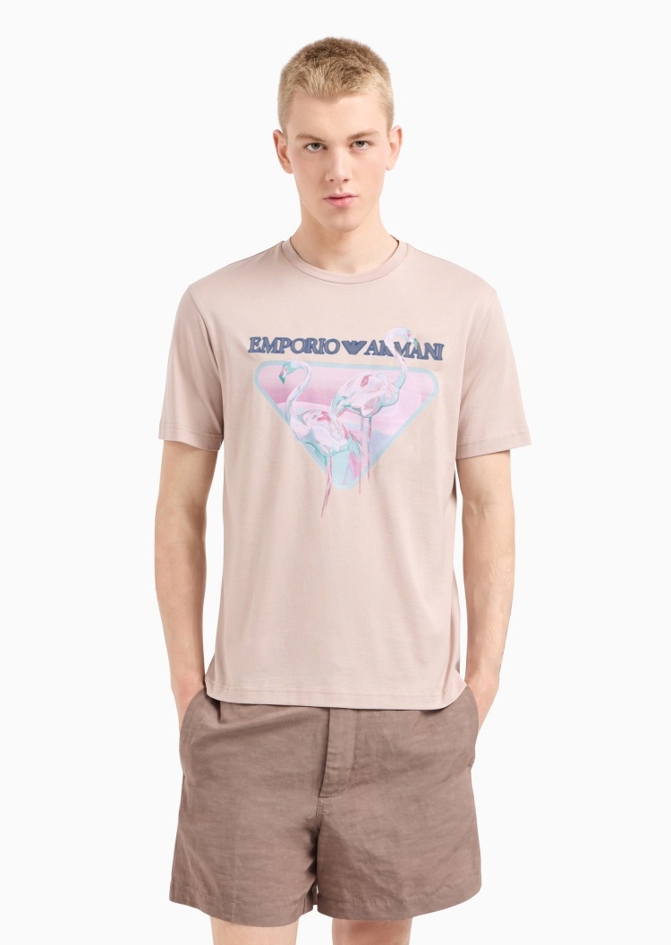 Emporio Armani 男士全棉合身短袖圆领火烈鸟印花T恤