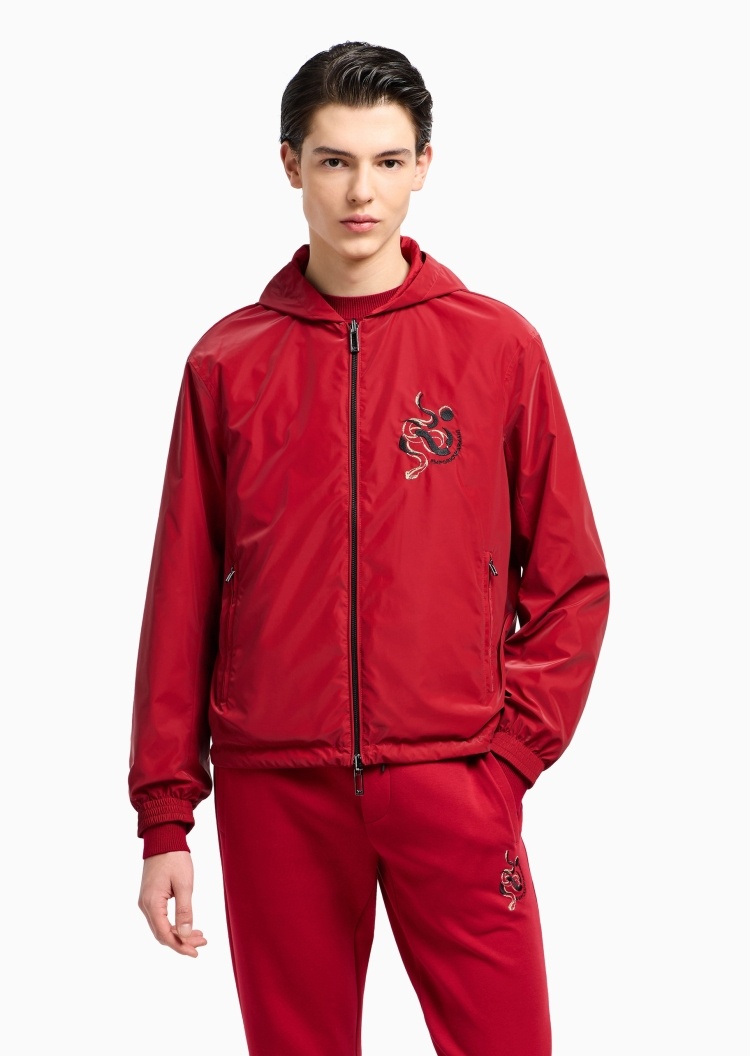 Emporio Armani 蛇年限定男士合身长袖连帽双面穿红色夹克