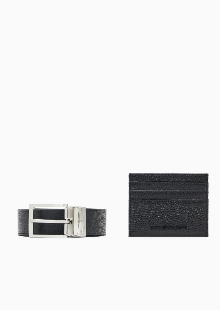 Emporio Armani 男士牛皮革针扣腰带卡夹小皮具套装