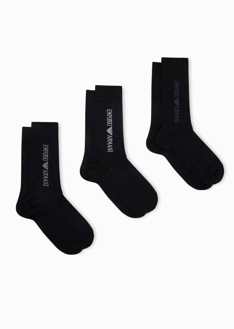 Emporio Armani 男士微弹中筒三双装标识提花袜子套装