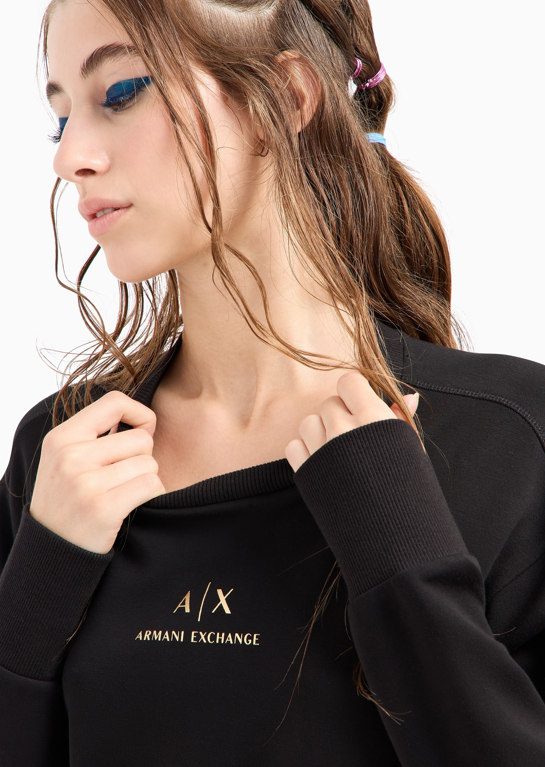 ARMANI EXCHANGE 女士弹力合身圆领套头装饰纽扣卫衣