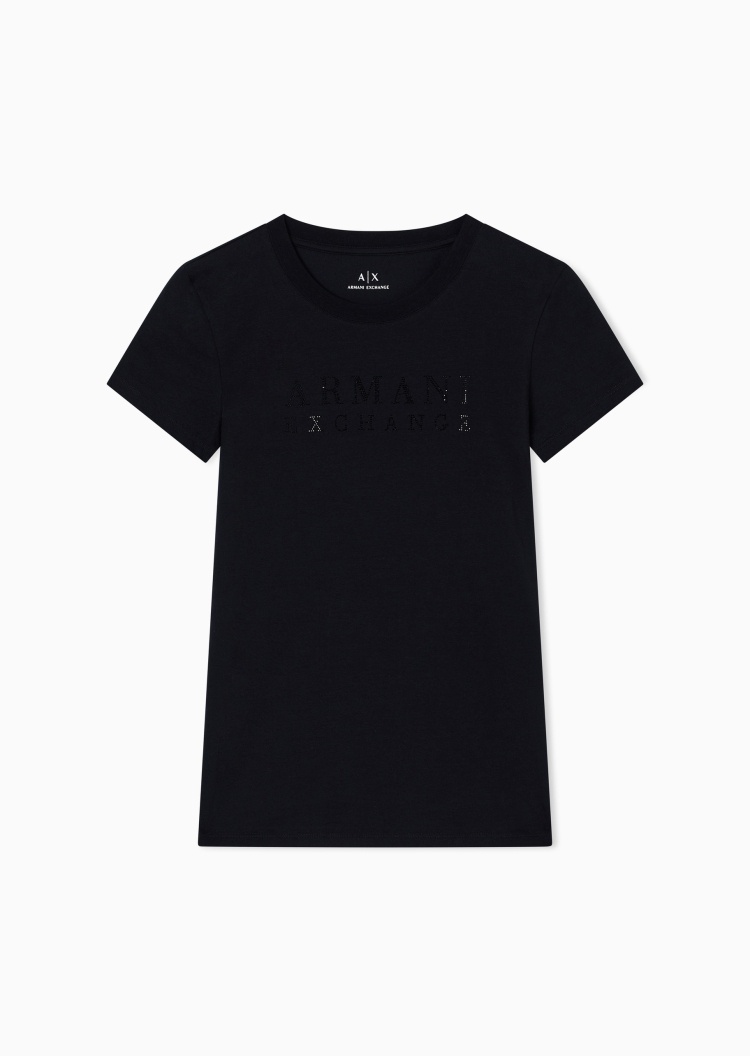 ARMANI EXCHANGE 女士纯棉弹力修身短袖圆领水钻字母T恤衫