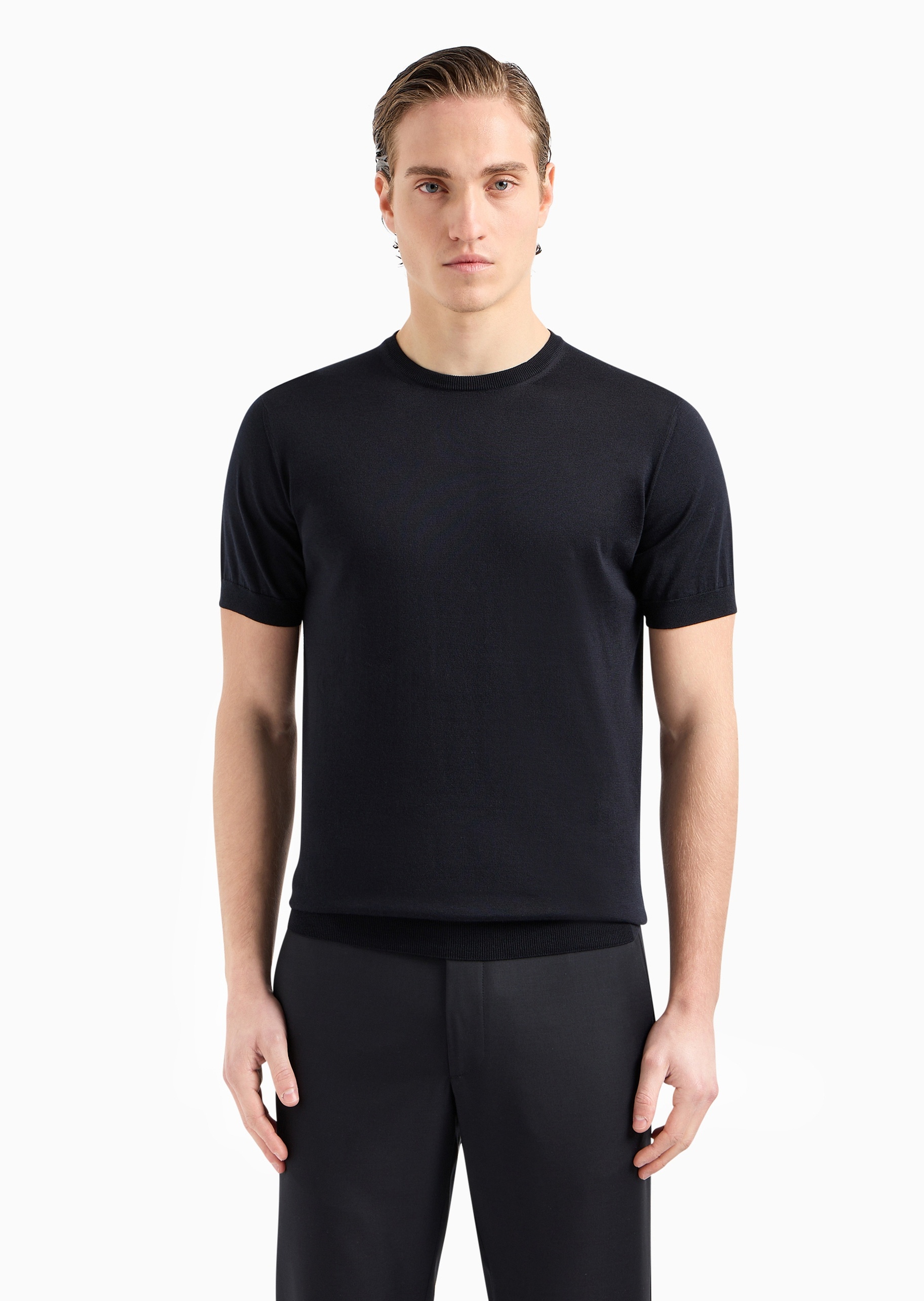 Giorgio Armani 男士桑蚕丝混纺老钱风短袖套头针织衫