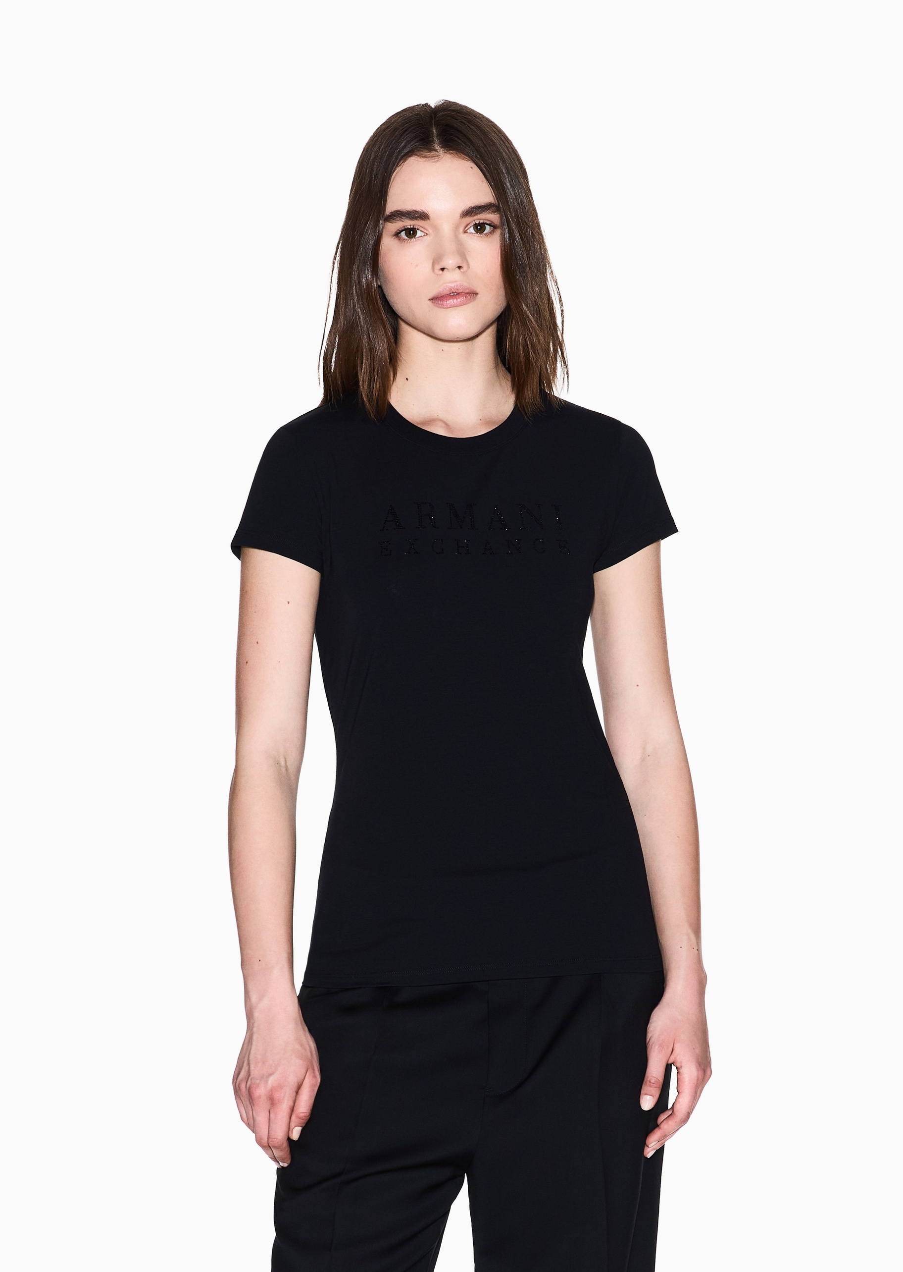 ARMANI EXCHANGE 女士纯棉弹力修身短袖圆领水钻字母T恤衫