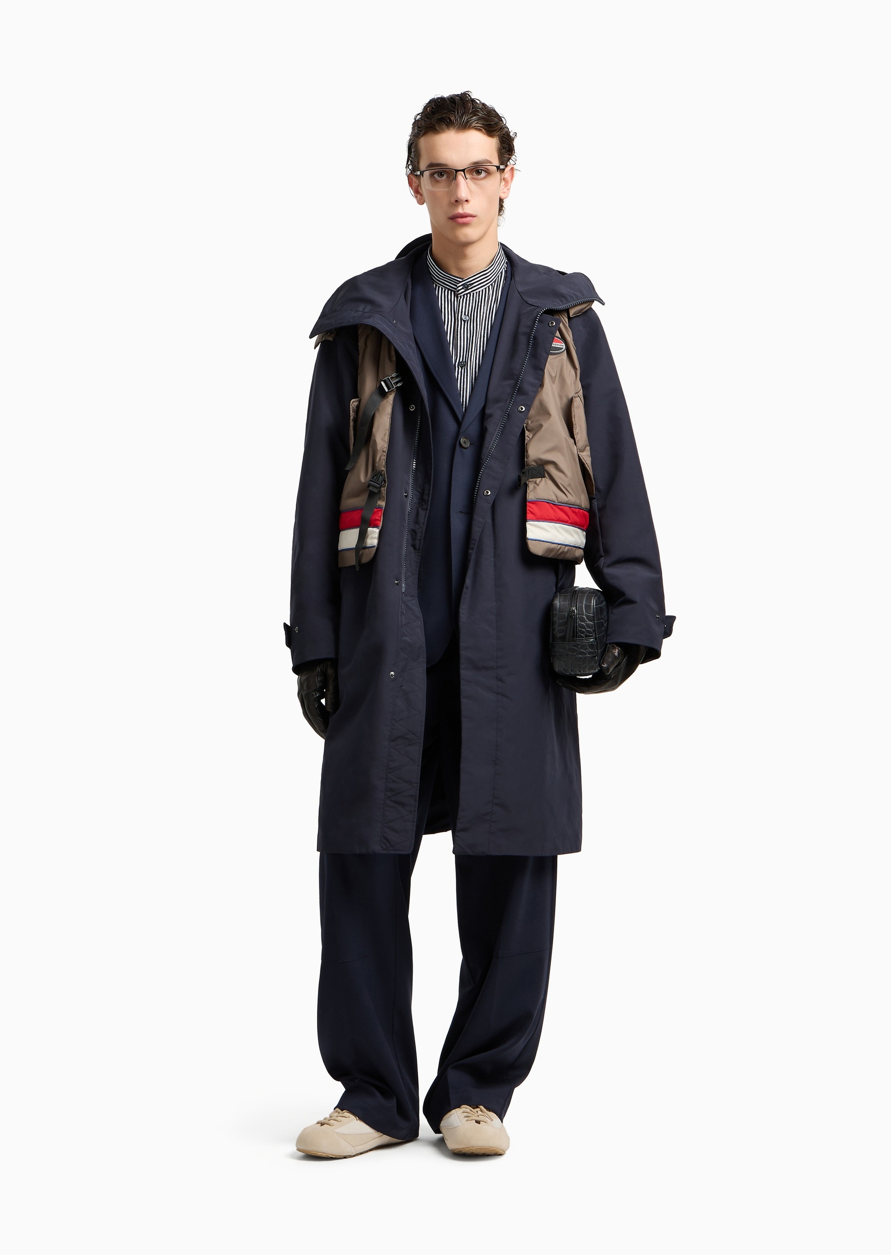 Emporio Armani 男士长袖小立领竖条纹纽扣门襟衬衫