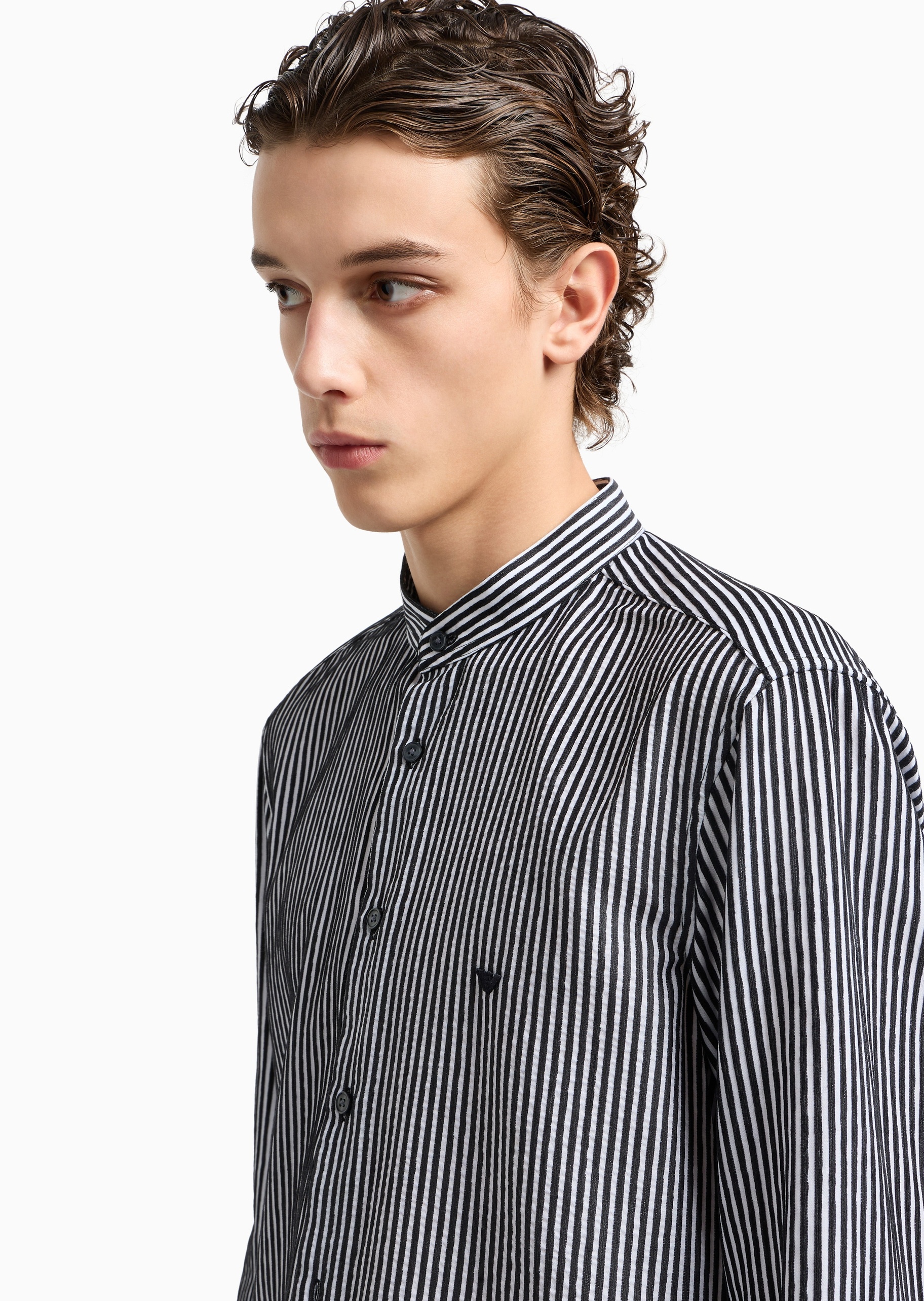 Emporio Armani 男士长袖小立领竖条纹纽扣门襟衬衫