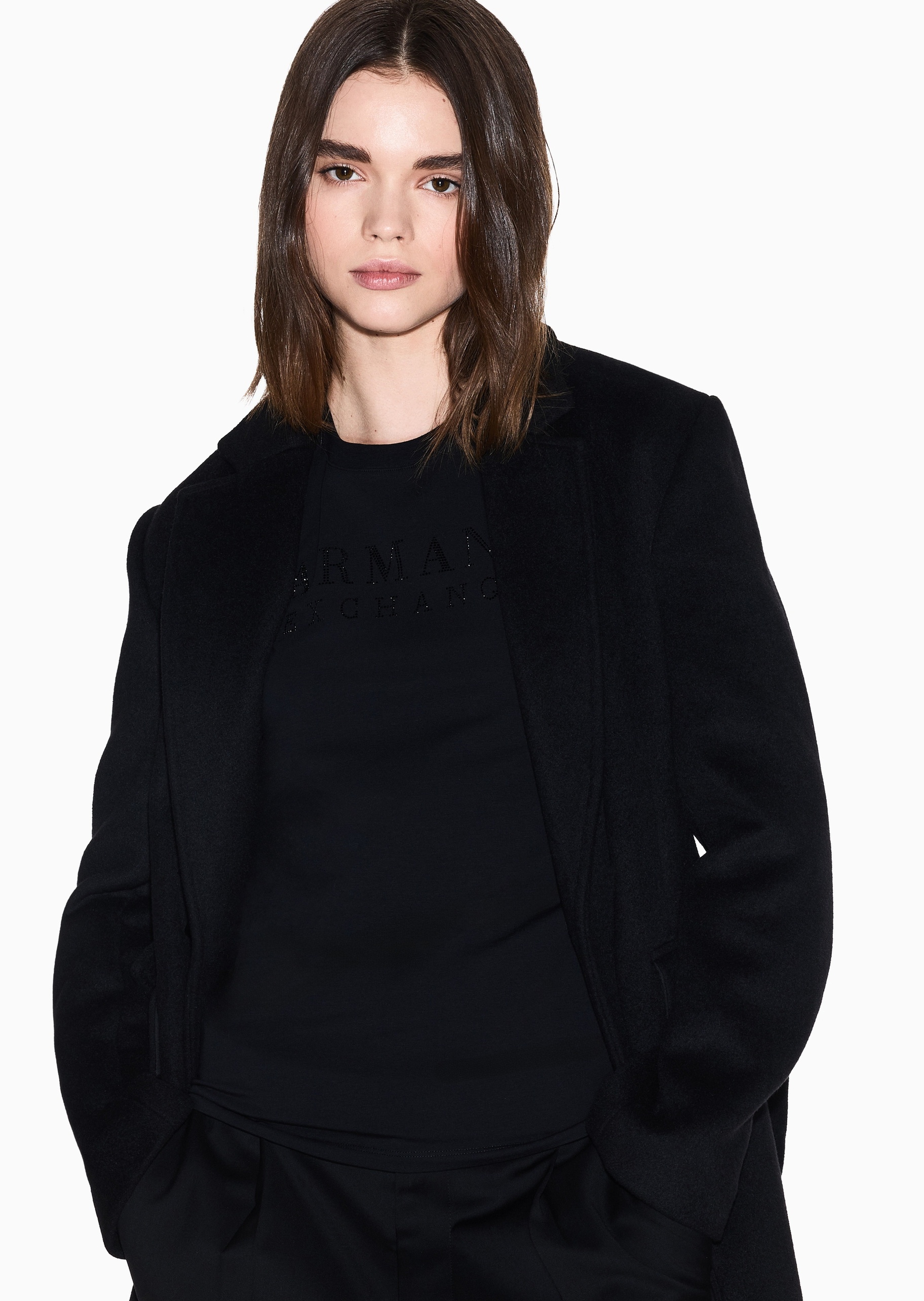 ARMANI EXCHANGE 女士纯棉弹力修身短袖圆领水钻字母T恤衫