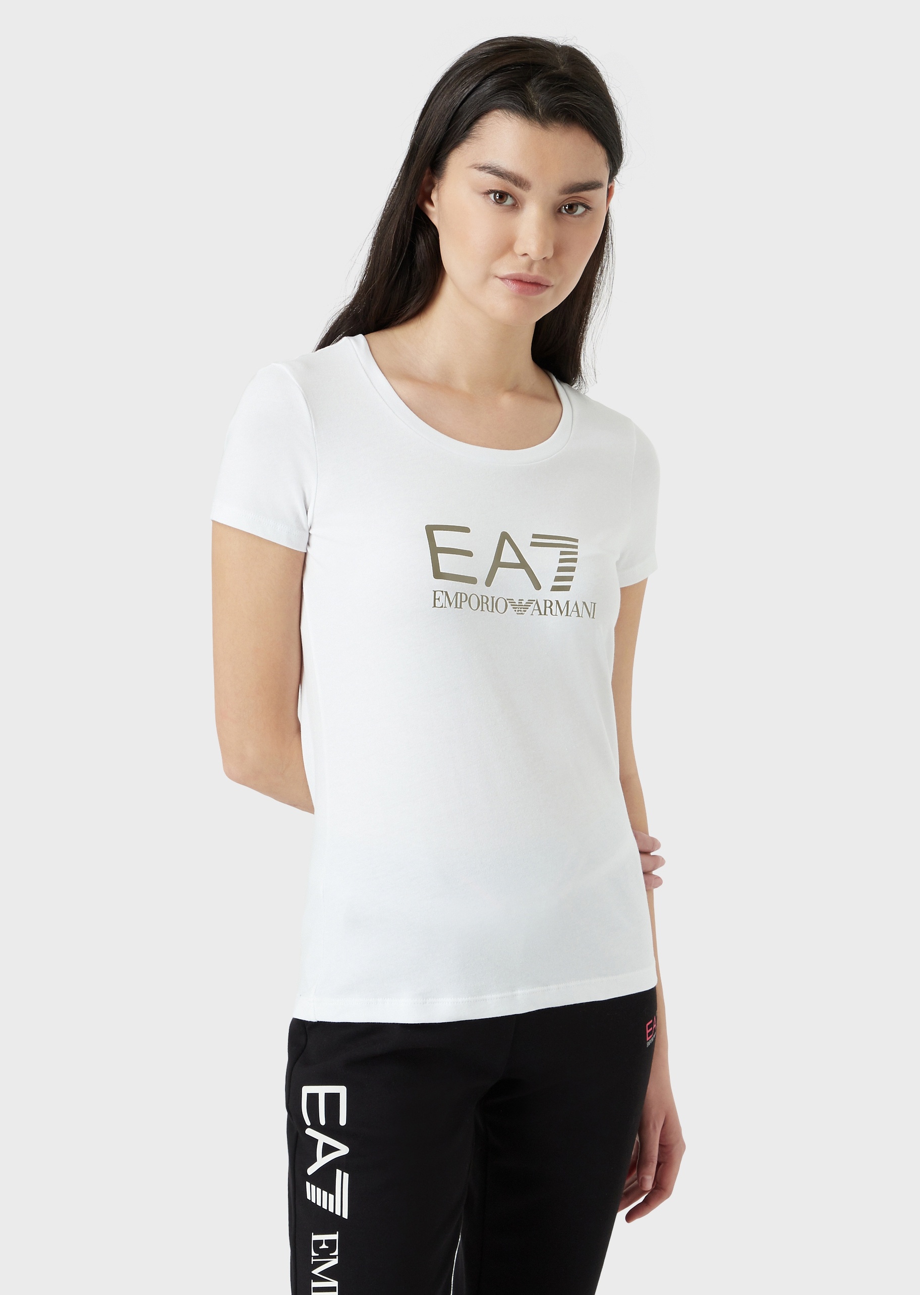 EA7 女士纯棉微弹修身短袖圆领健身训练印花T恤