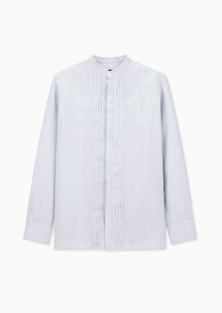 Emporio Armani 男士亚麻长袖轻奢人夫感立领衬衫