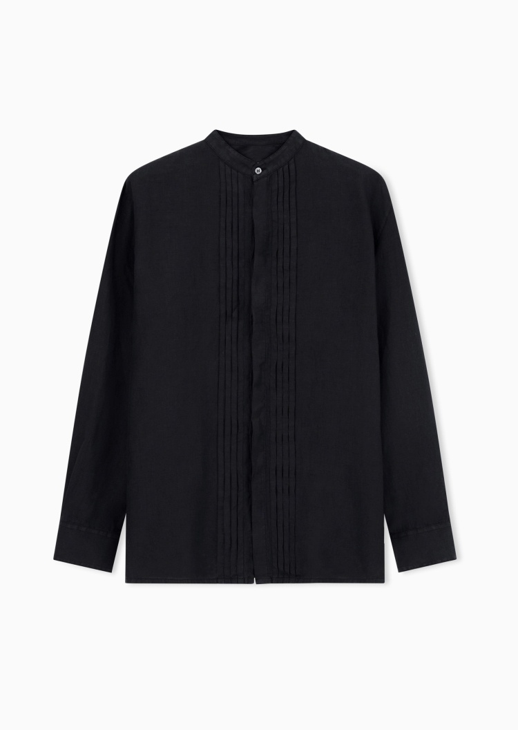 Emporio Armani 男士亚麻长袖小立领风琴褶休闲衬衫