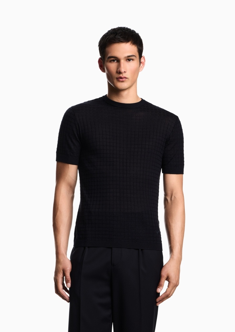 Emporio Armani 男士短袖圆领套头格纹提花针织衫