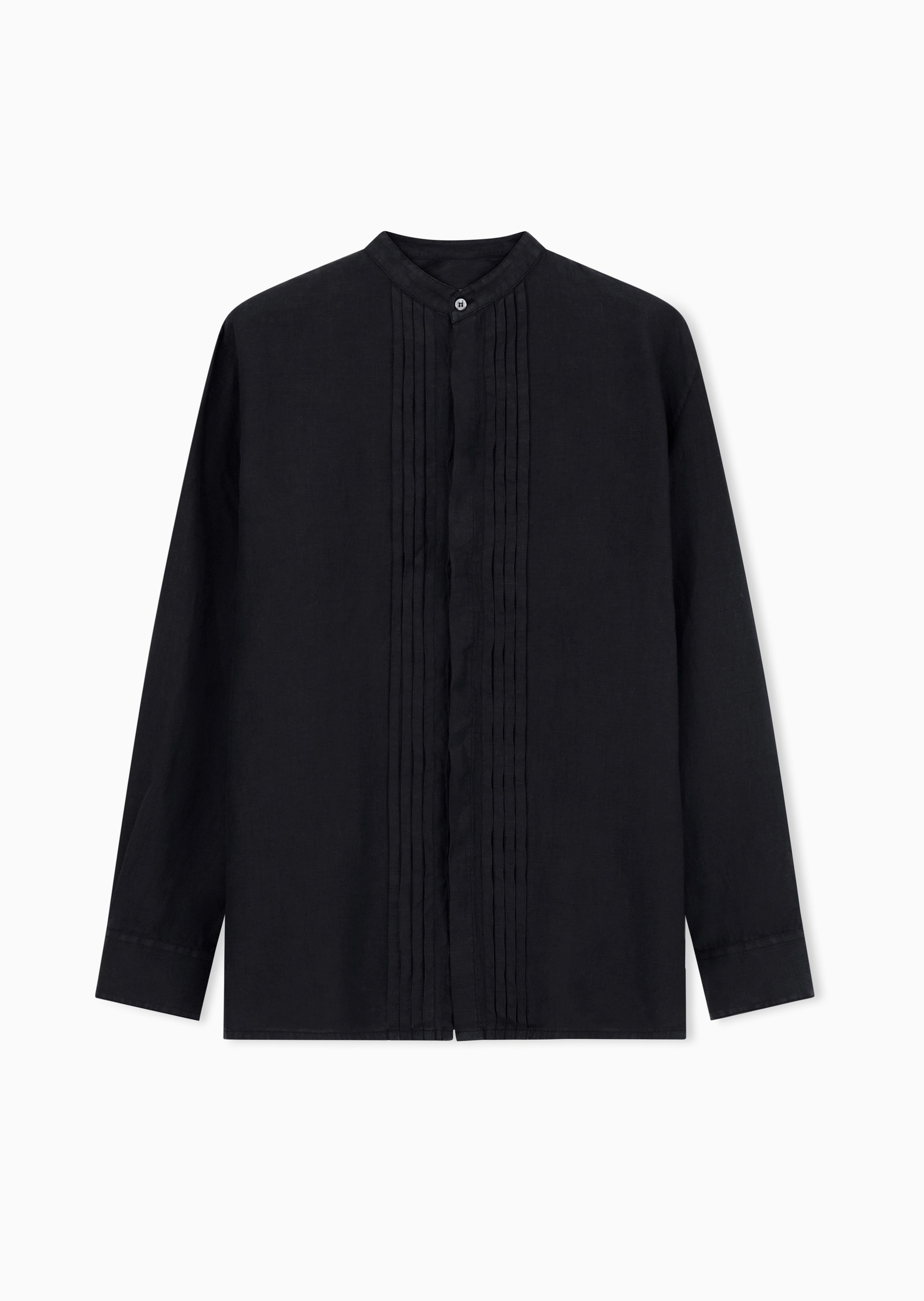 Emporio Armani 男士亚麻长袖小立领风琴褶休闲衬衫