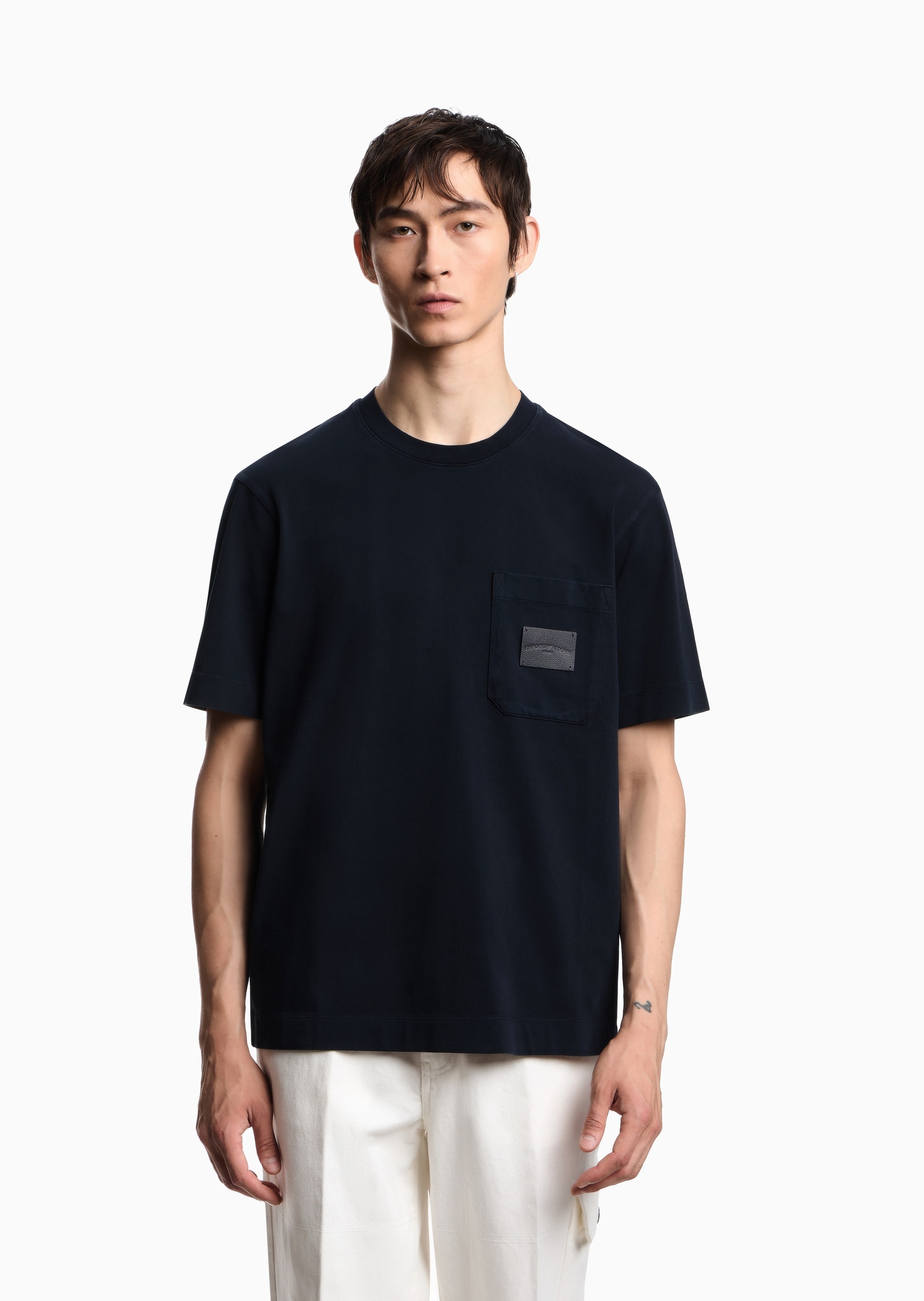 Emporio Armani 男士全棉宽松短袖圆领皮革贴片T恤衫
