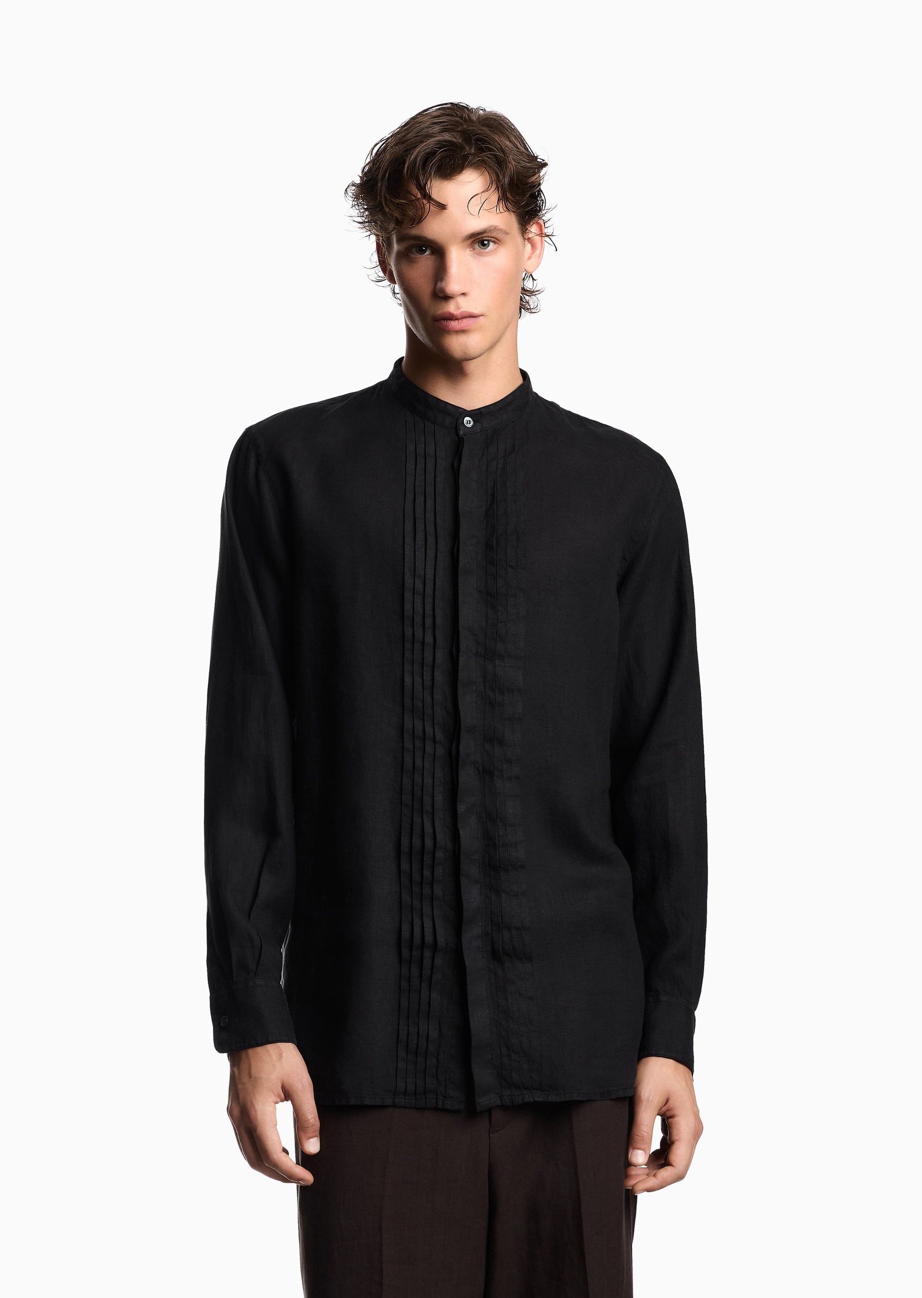 Emporio Armani 男士亚麻长袖小立领风琴褶休闲衬衫
