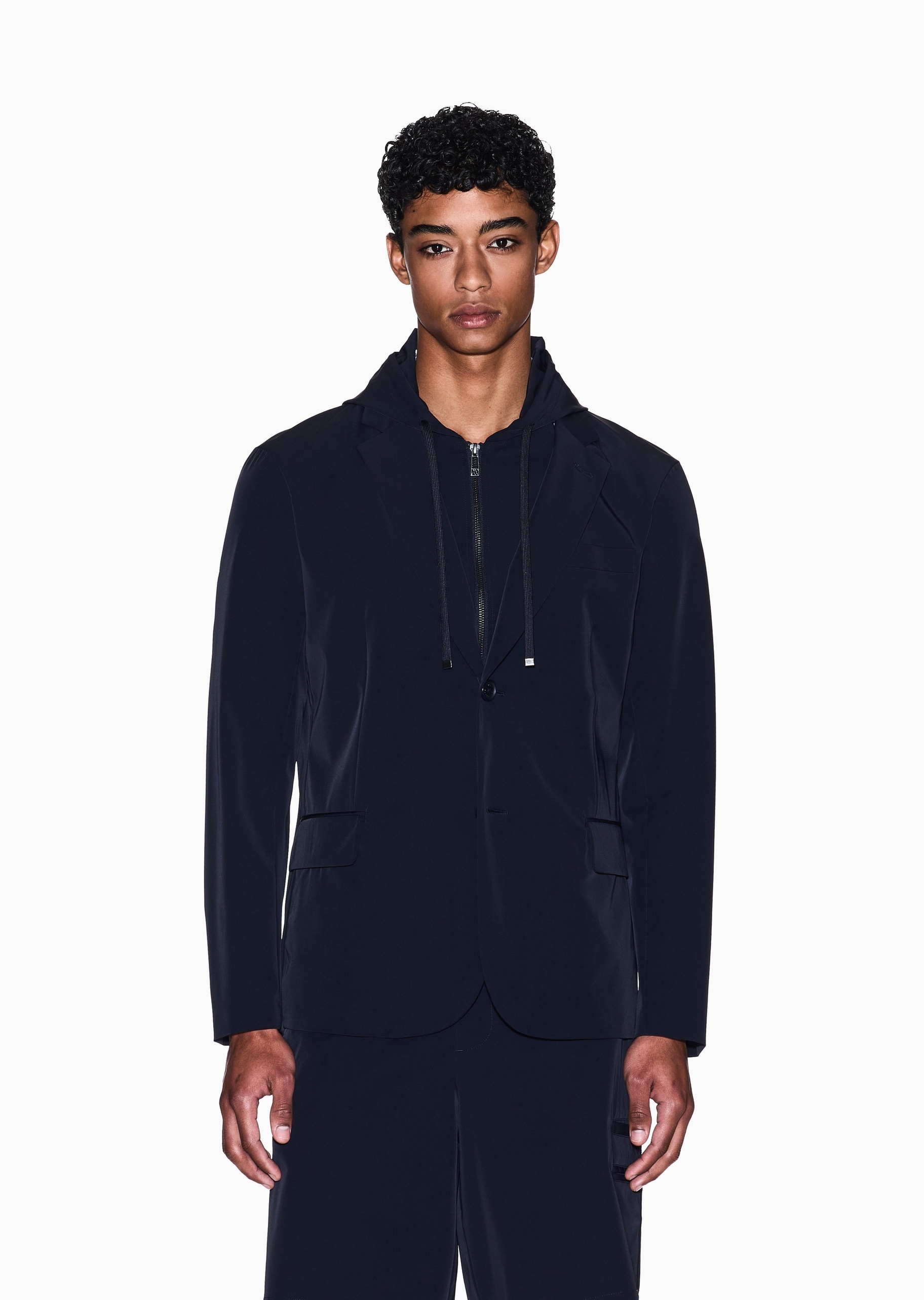 ARMANI EXCHANGE 男士弹力长袖平驳领假两件西装外套