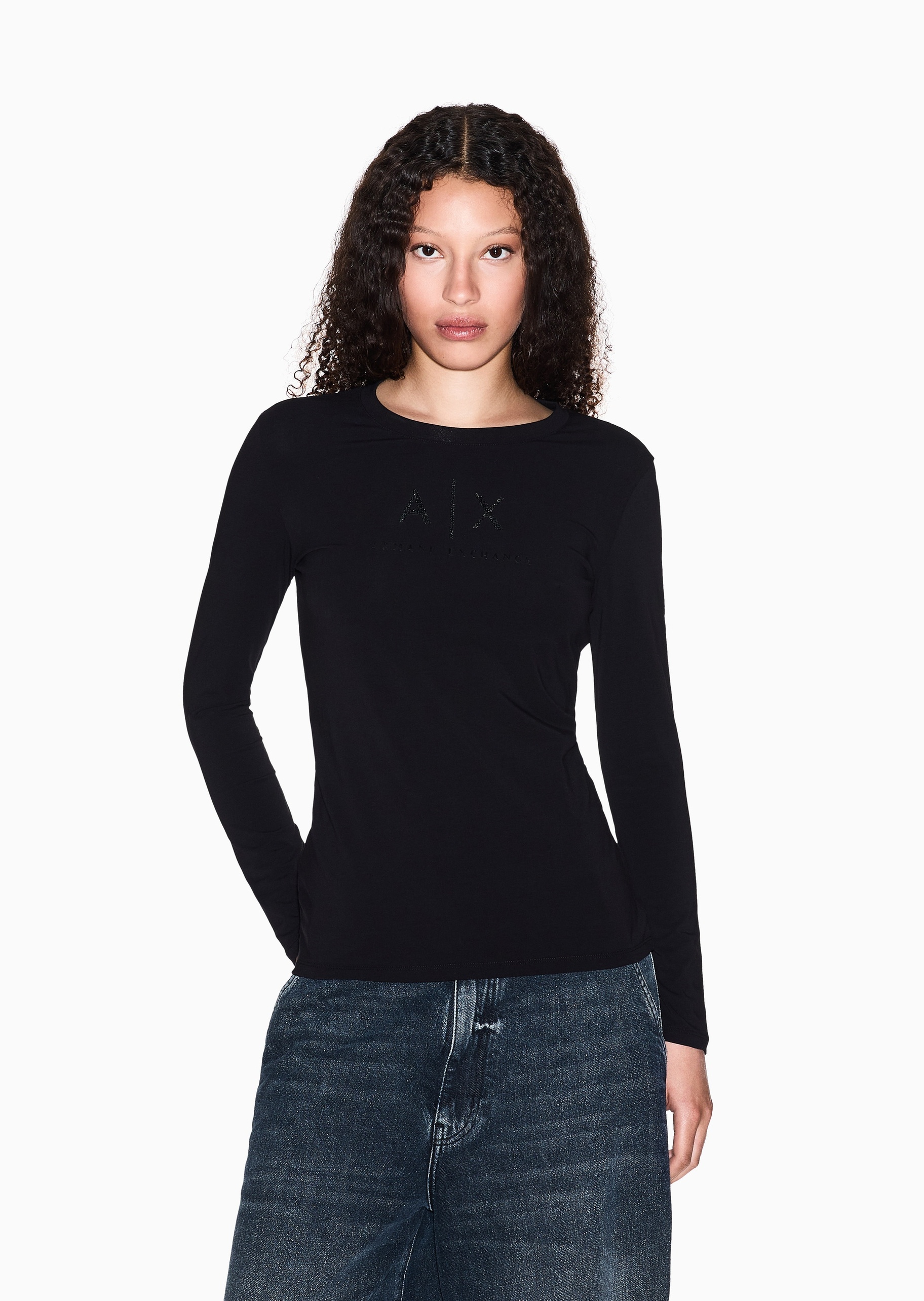 ARMANI EXCHANGE 女士棉质弹力修身长袖圆领正肩T恤衫