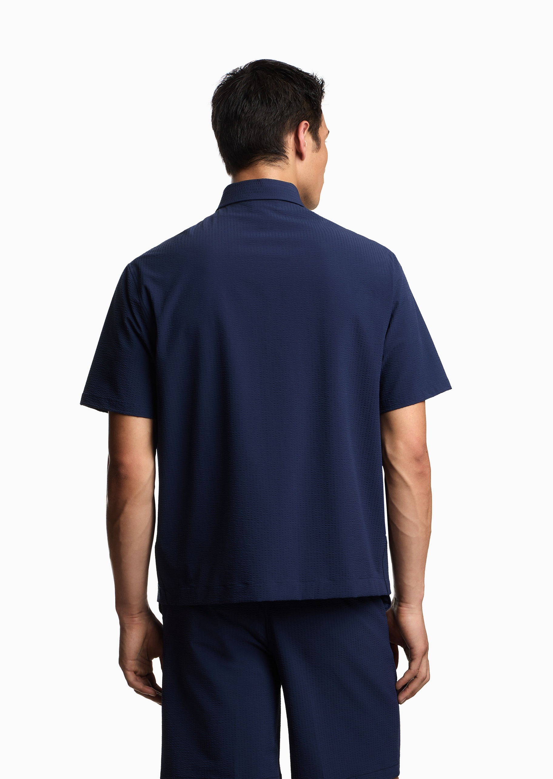 Emporio Armani 男士宽松短袖翻领泡泡纱廓形休闲衬衫