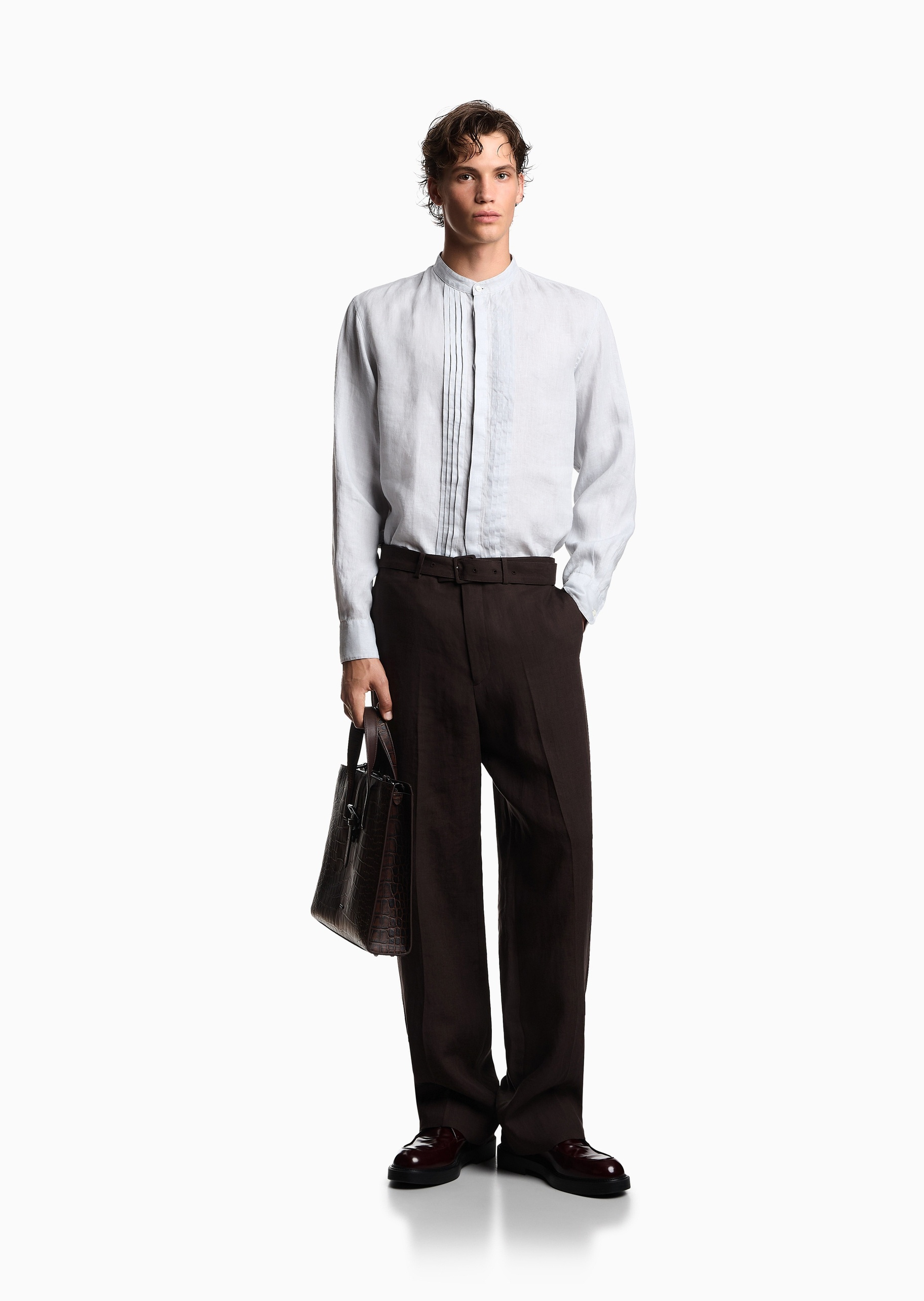 Emporio Armani 男士亚麻长袖轻奢人夫感立领衬衫