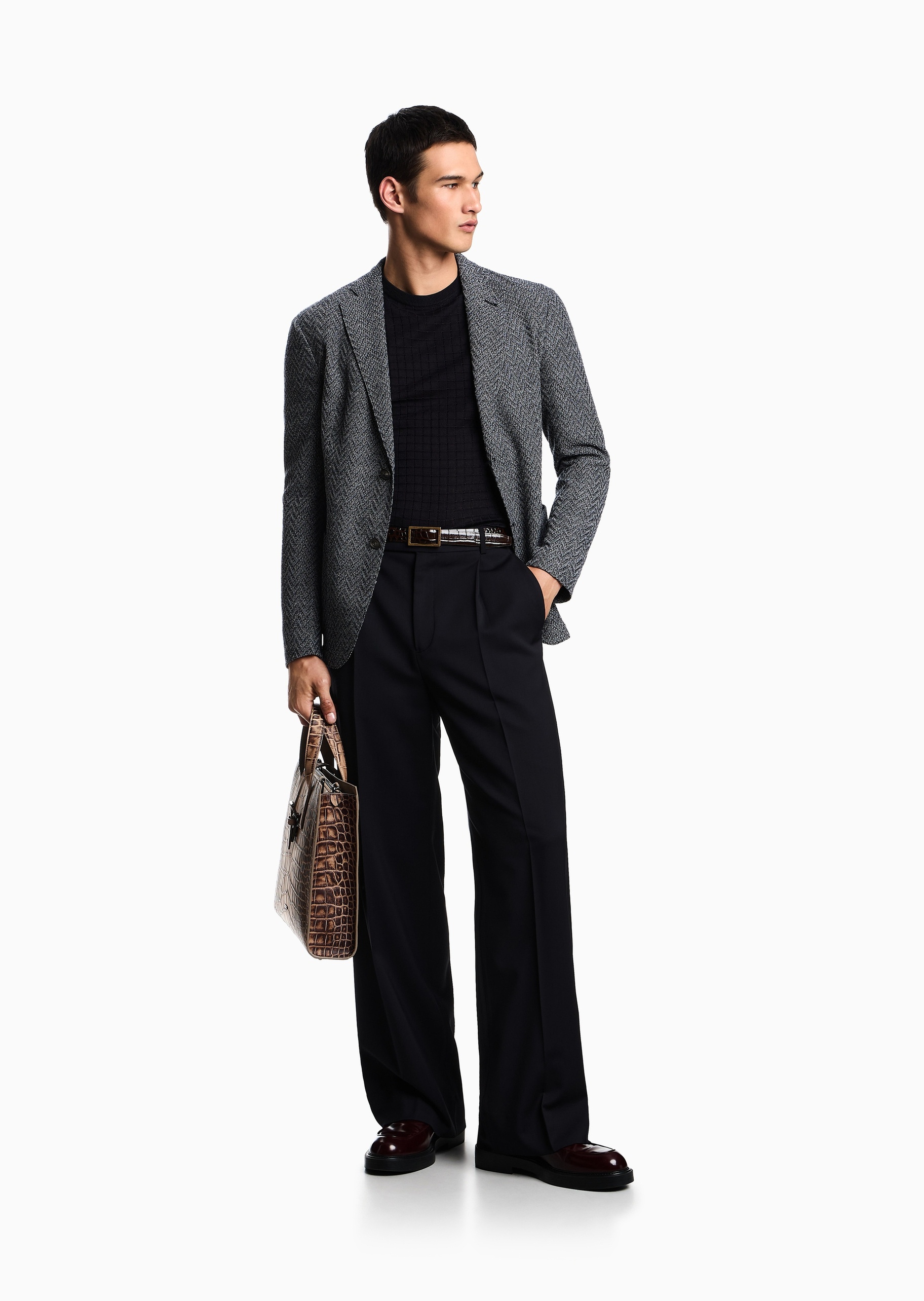 Emporio Armani 男士短袖圆领套头格纹提花针织衫