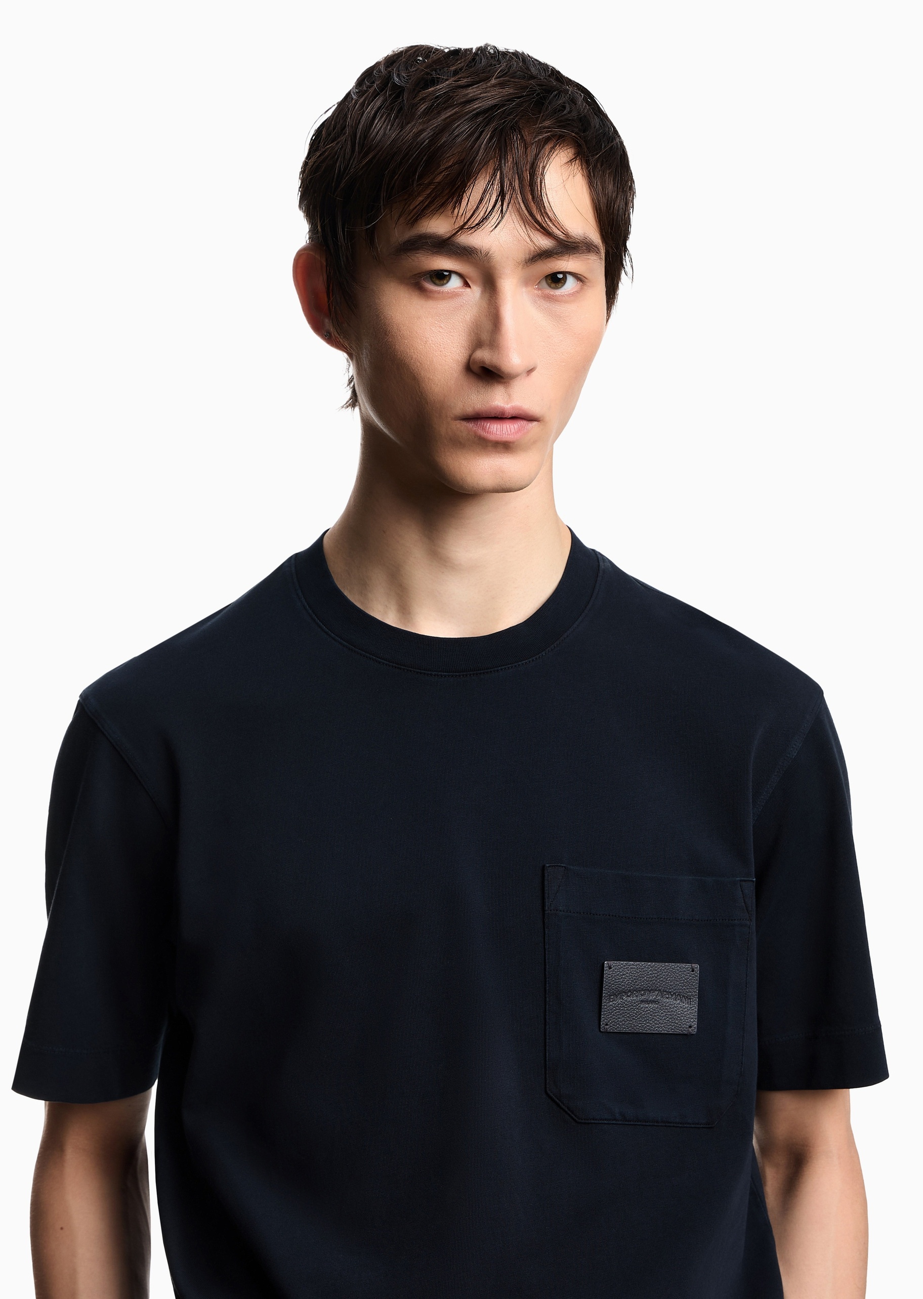 Emporio Armani 男士全棉宽松短袖圆领皮革贴片T恤衫