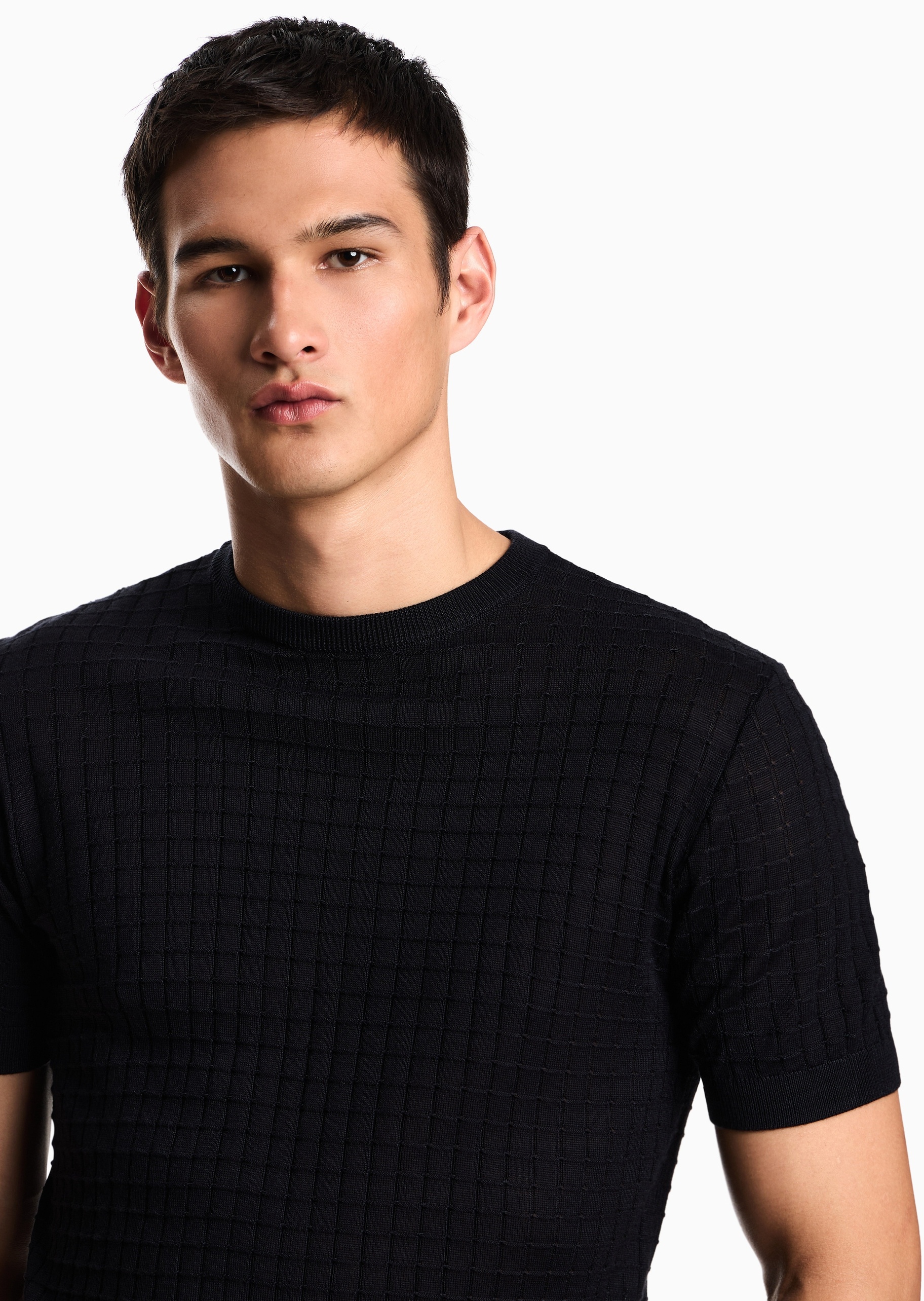 Emporio Armani 男士短袖圆领套头格纹提花针织衫