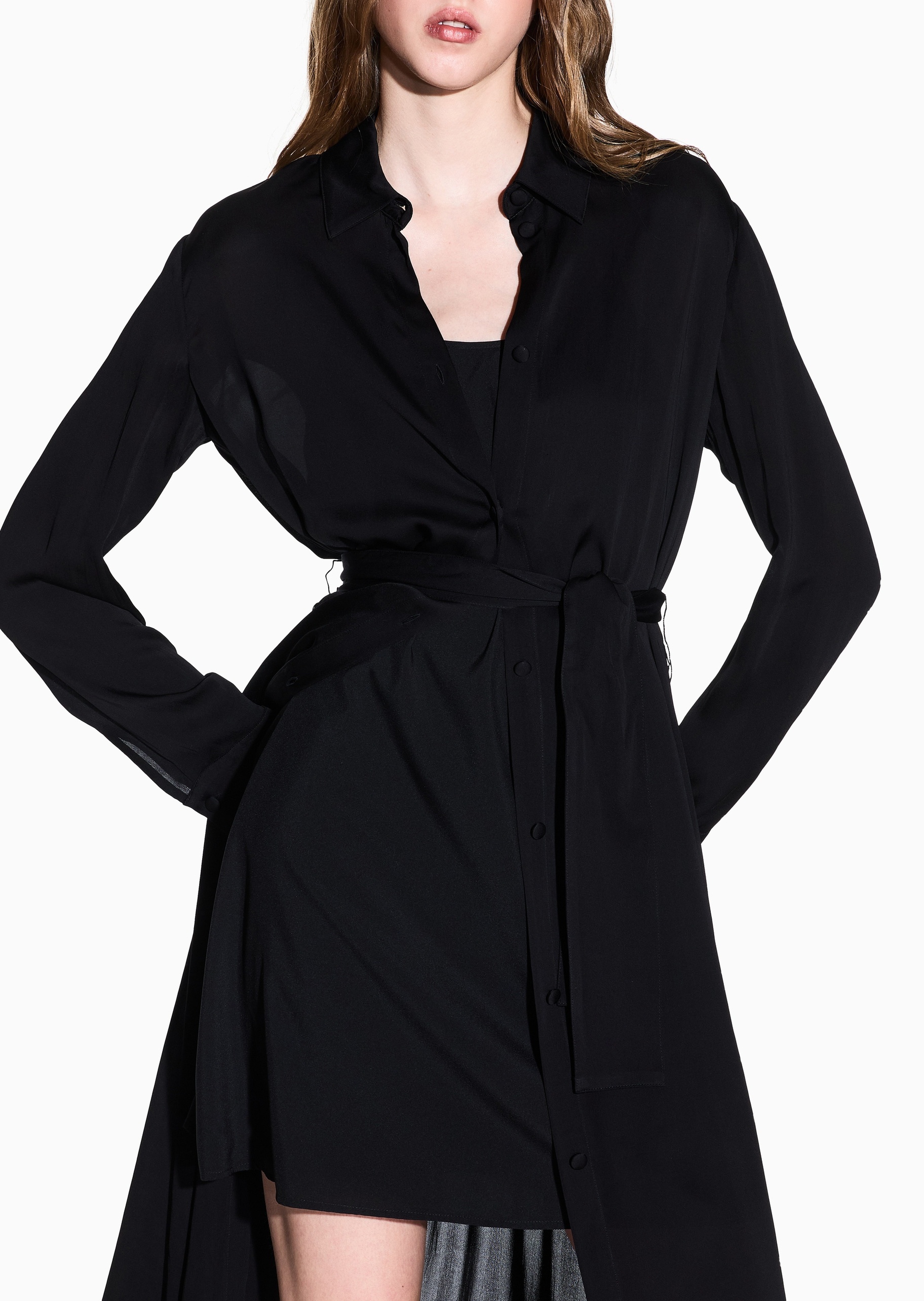 ARMANI EXCHANGE 女士人造棉长款衬衫领系带连衣裙