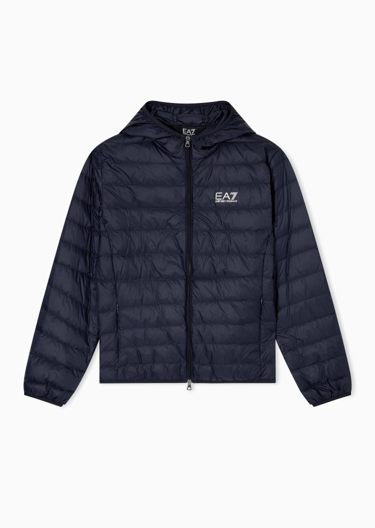 EA7 男士短款长袖连帽撞色LOGO羽绒服