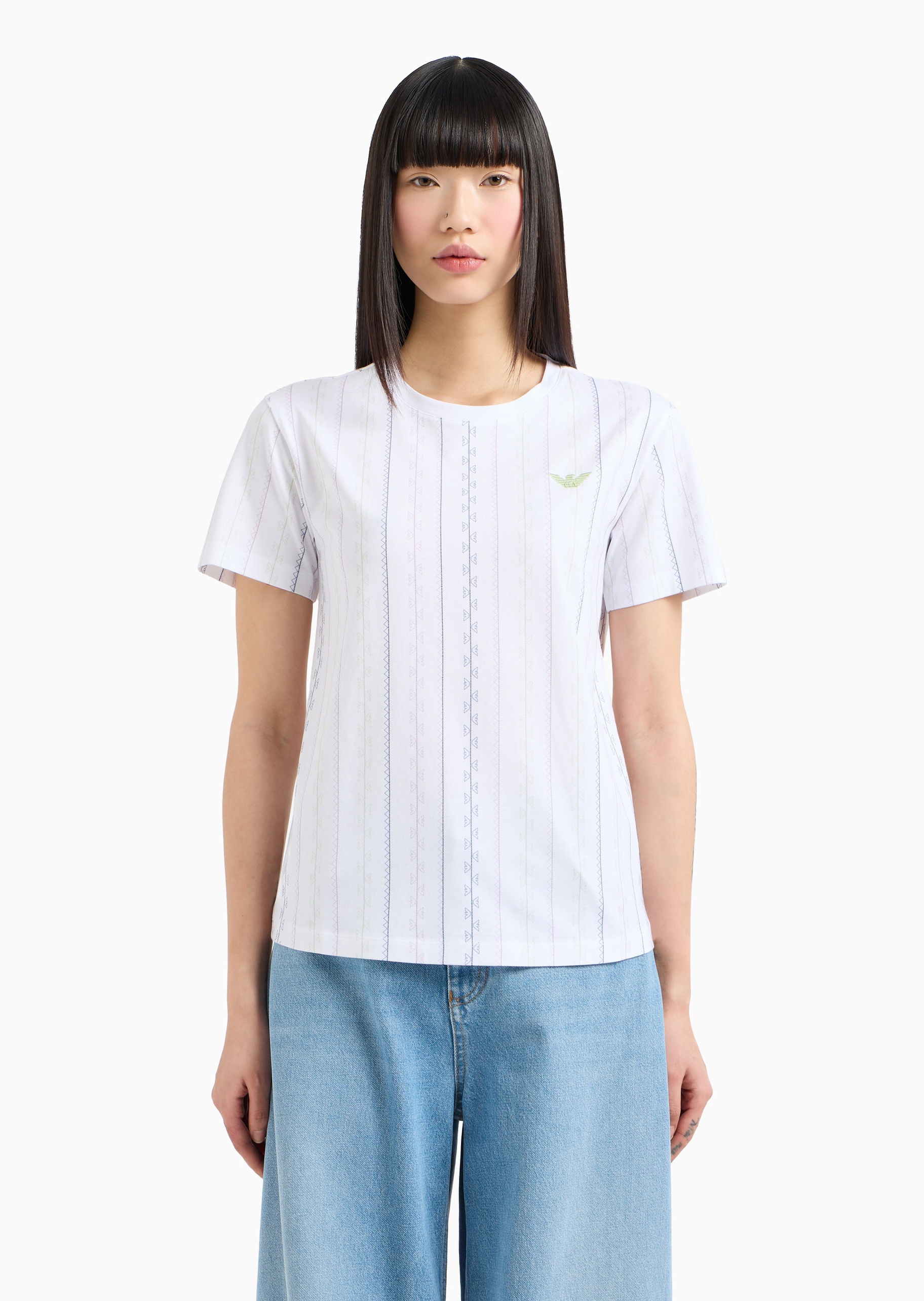 Emporio Armani 女士全棉合身短袖圆领正肩印花刺绣T恤