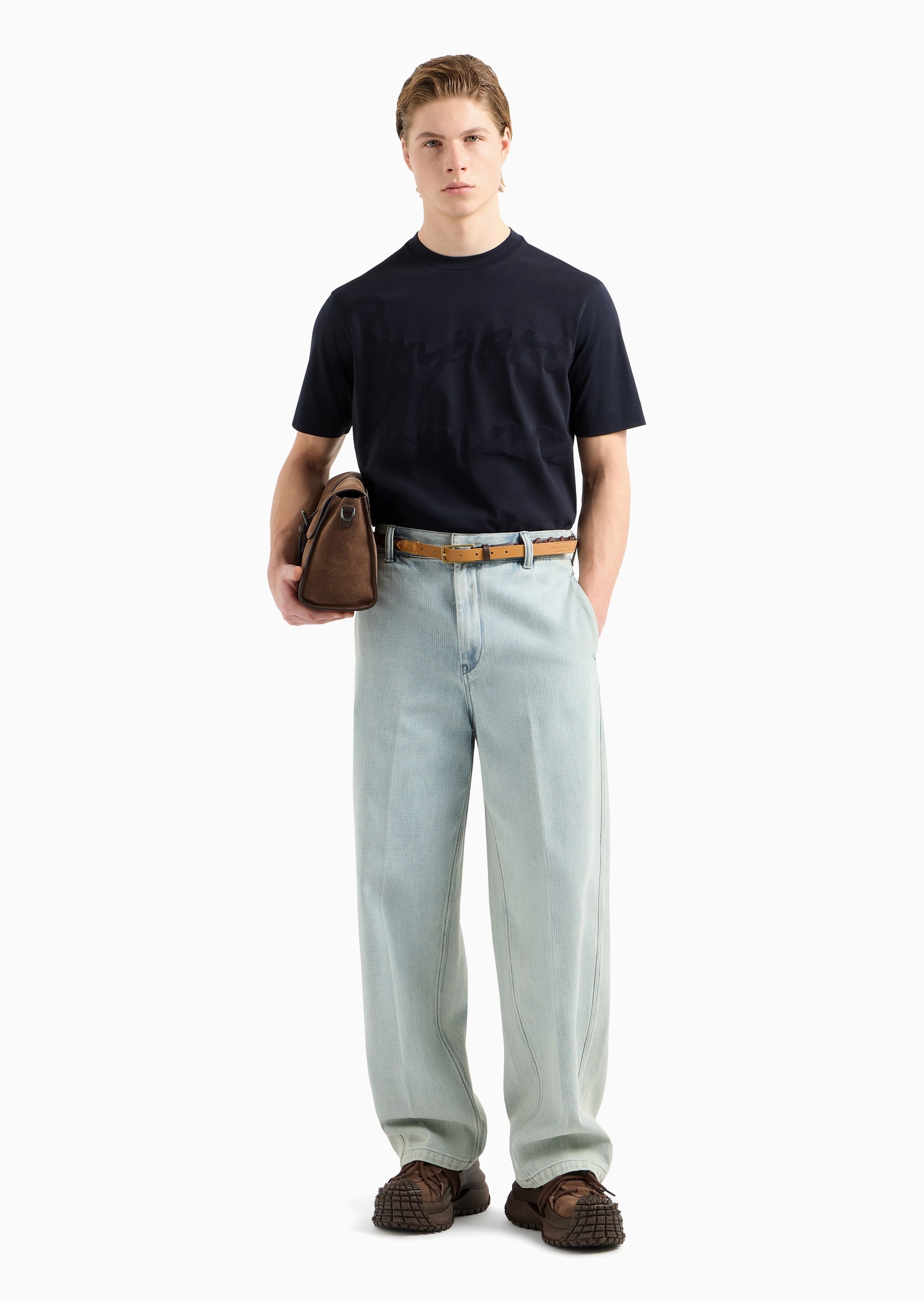 Emporio Armani 男士全棉宽松短袖圆领提花纯色T恤