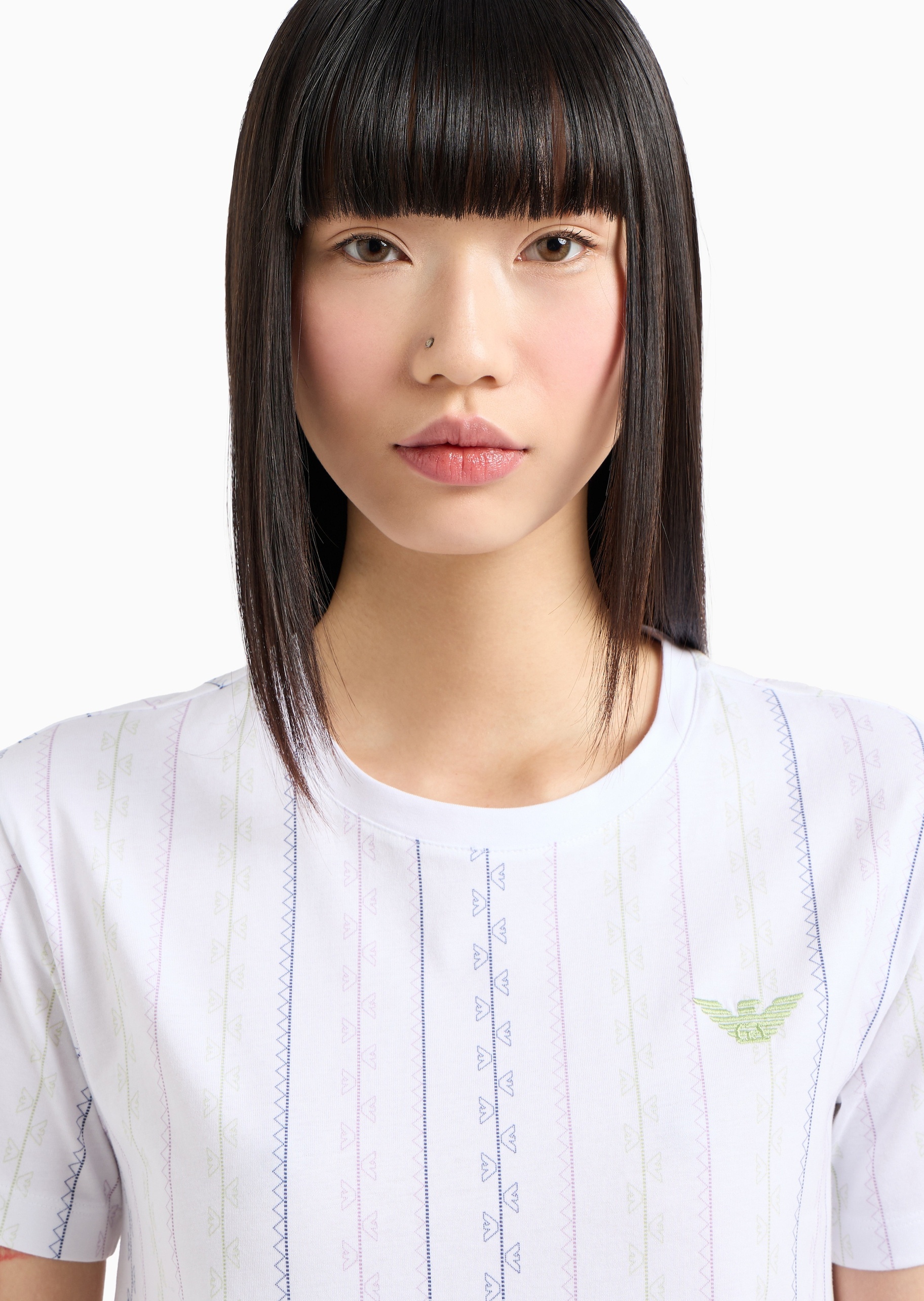 Emporio Armani 女士全棉合身短袖圆领正肩印花刺绣T恤