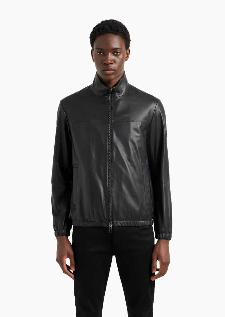 Emporio Armani 男士羊皮革合身长袖立领薄夹克外套