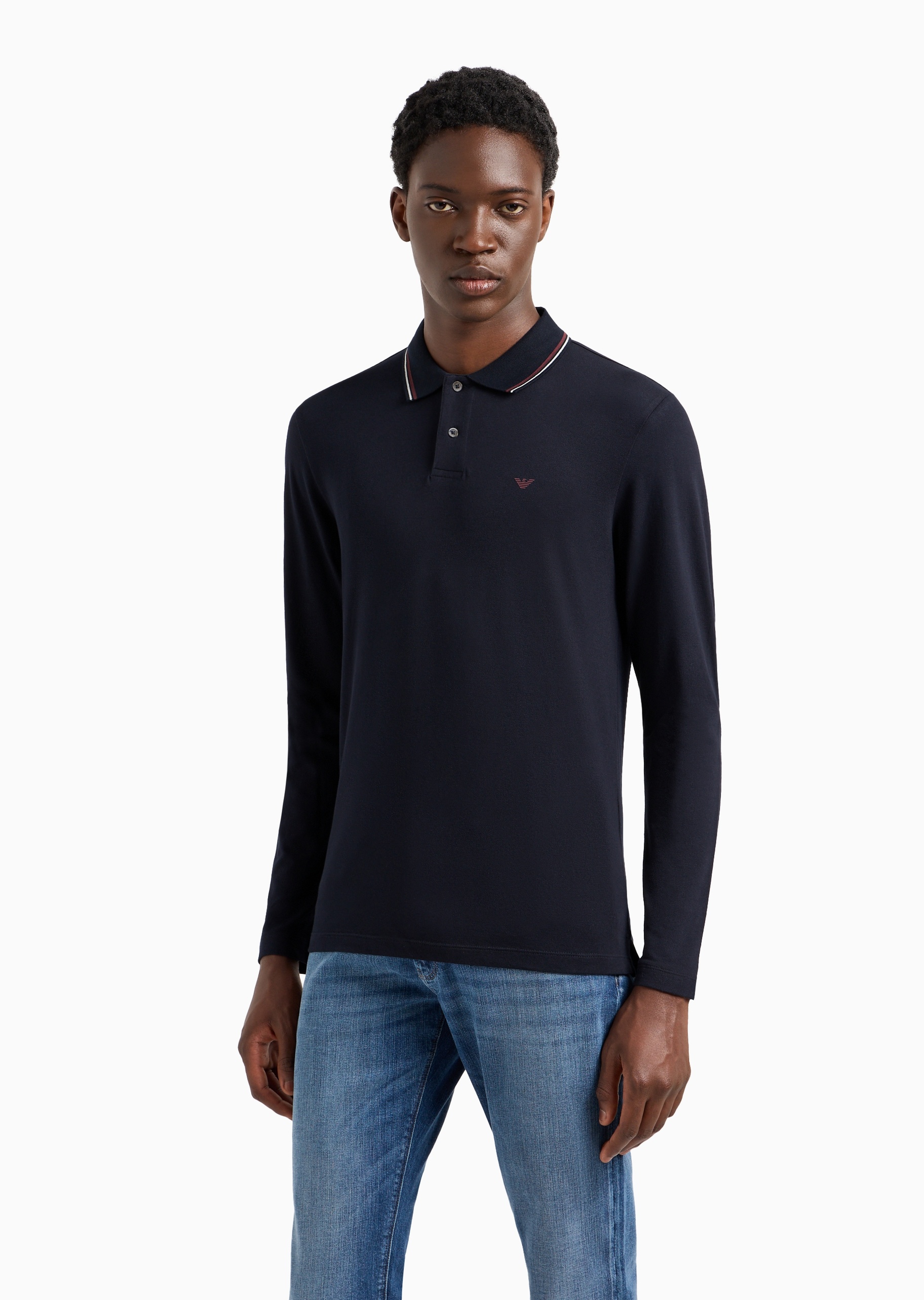 Emporio Armani 男士纯棉微弹修身长袖翻领多色Polo衫