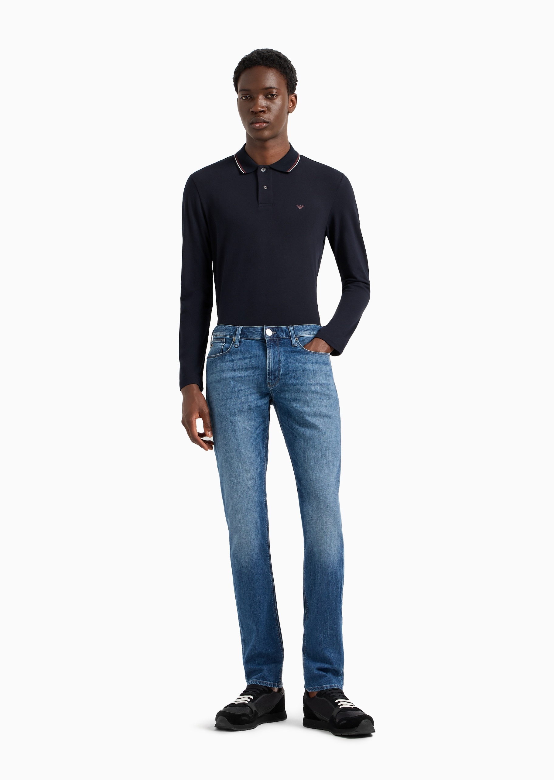 Emporio Armani 男士纯棉微弹修身长袖翻领多色Polo衫