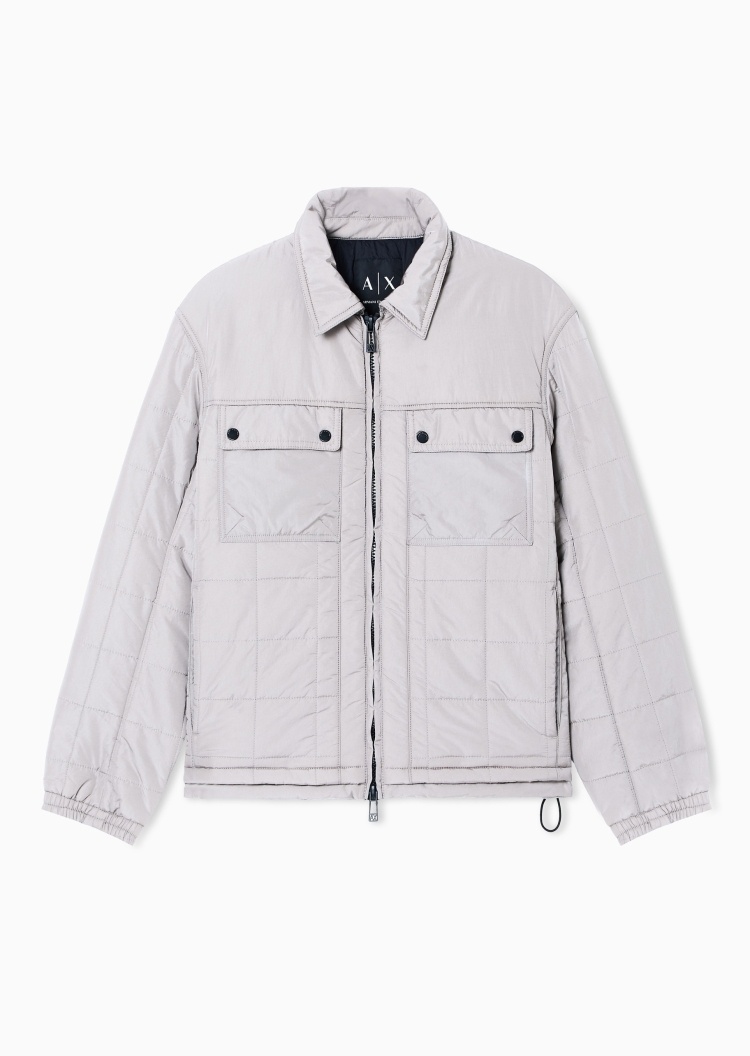 ARMANI EXCHANGE 男士短款翻领拉链门襟拼接格纹棉服