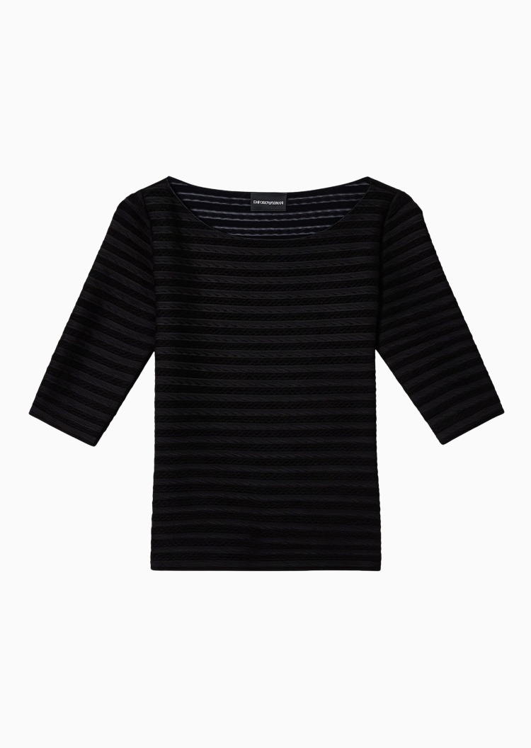 Emporio Armani 女士修身七分袖船领条纹优雅针织衫