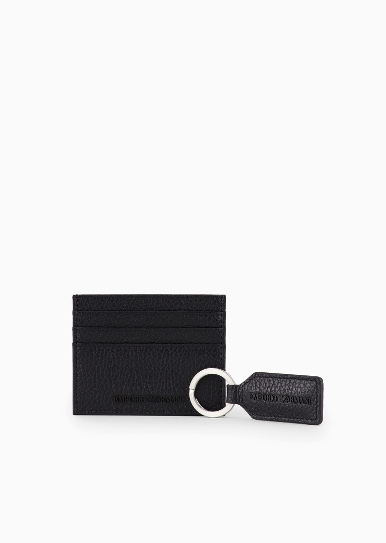 Emporio Armani 男士牛皮革荔枝纹多卡位卡夹钥匙扣套装