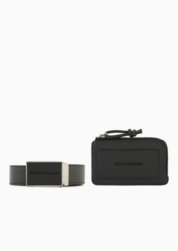 Emporio Armani 男士牛皮革荔枝纹拉链压花腰带卡包套装